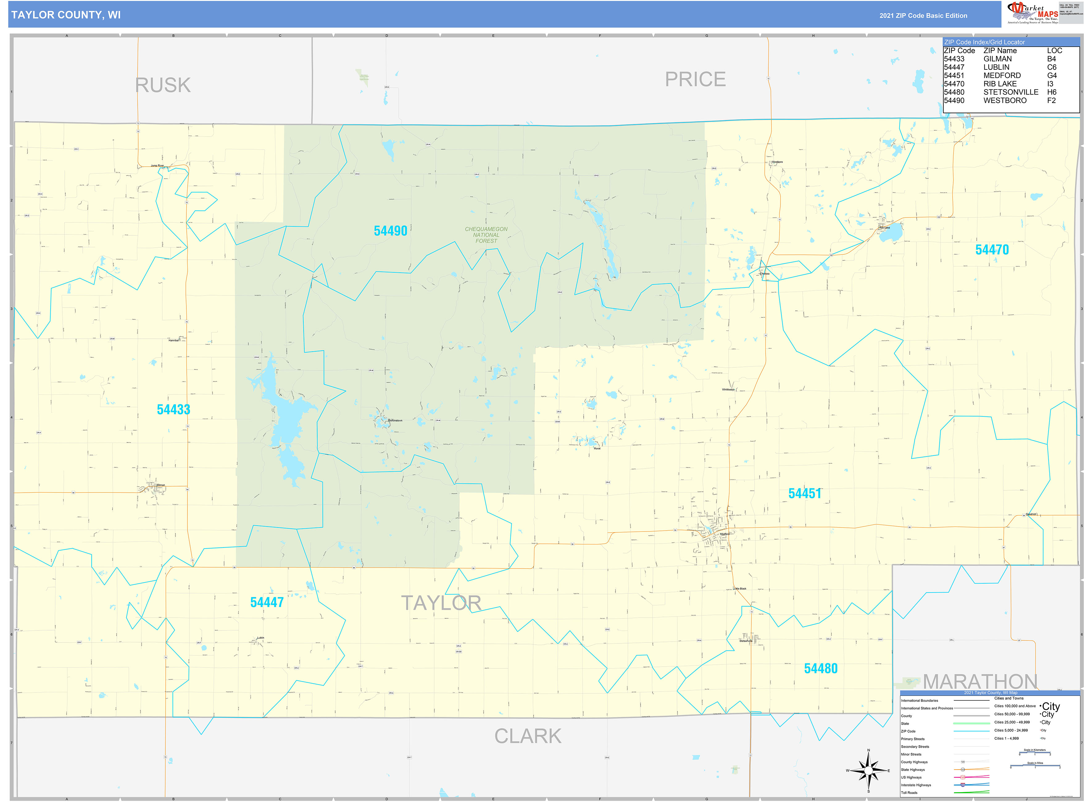 Taylor County Wi Zip Code Wall Map Basic Style By Marketmaps 8512