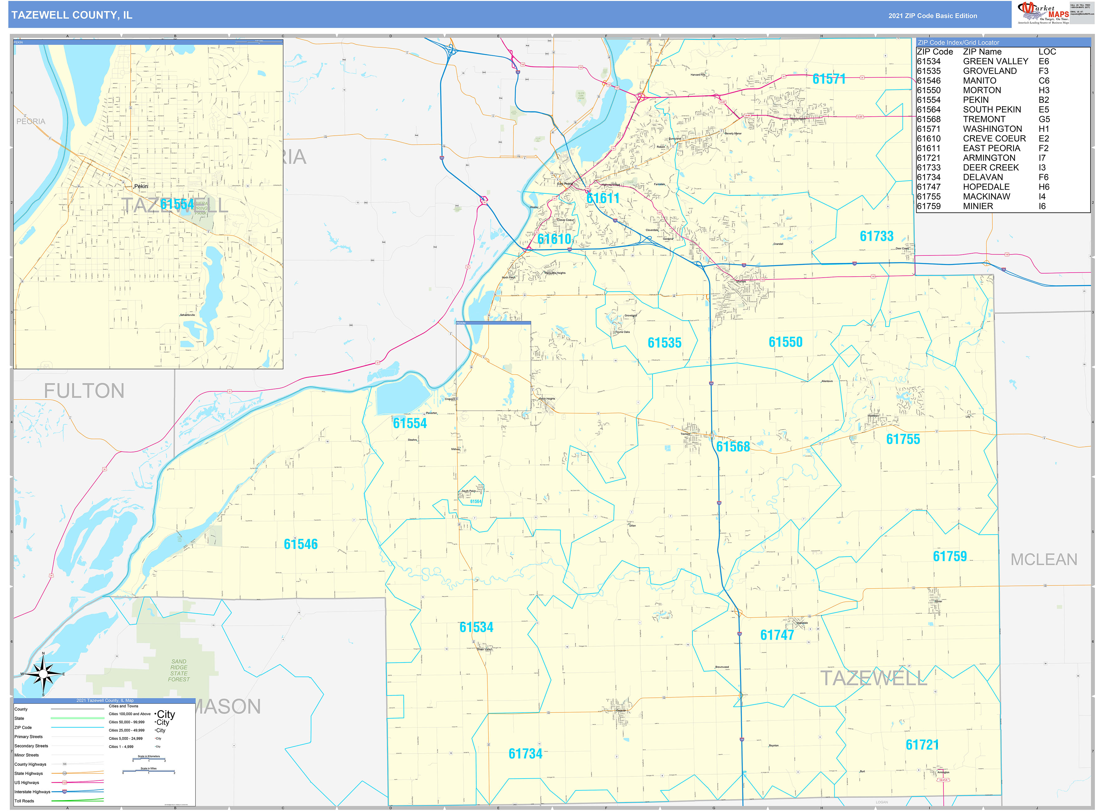 Tazewell County, IL Zip Code Wall Map Basic Style by MarketMAPS - MapSales