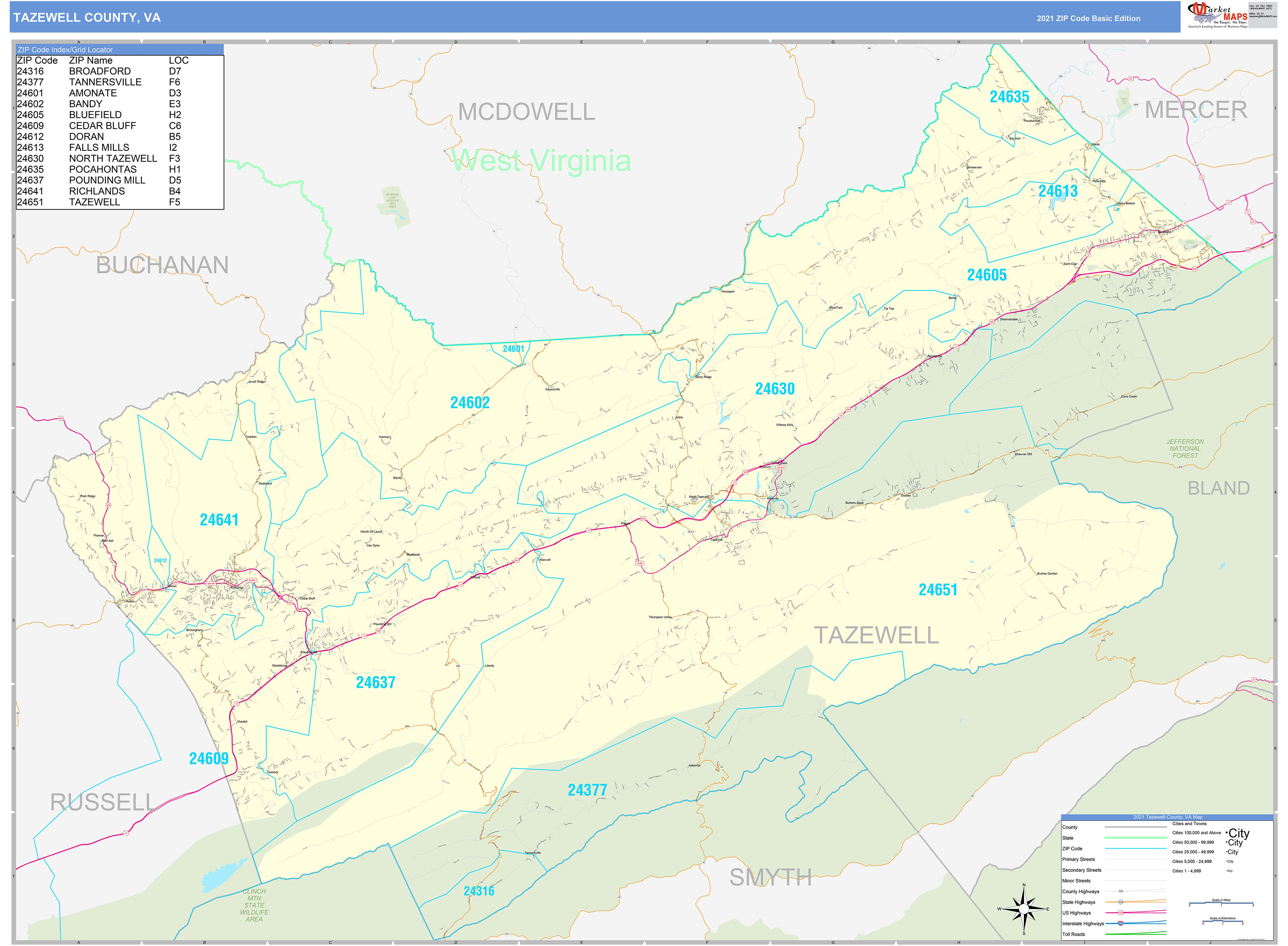 Tazewell County, VA Zip Code Wall Map Basic Style by MarketMAPS