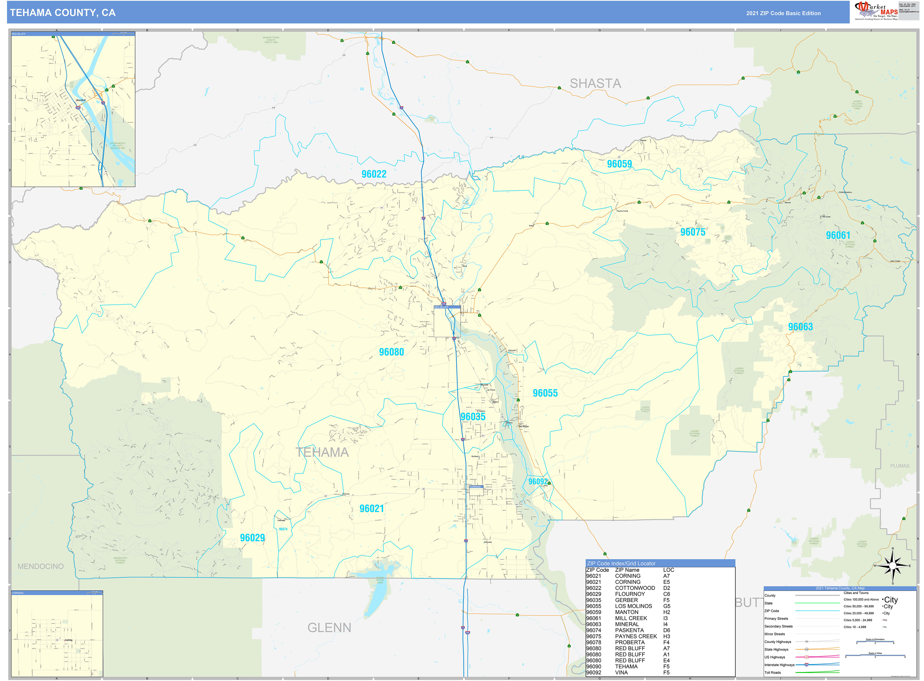 Tehama County, CA Zip Code Wall Map Basic Style by MarketMAPS MapSales