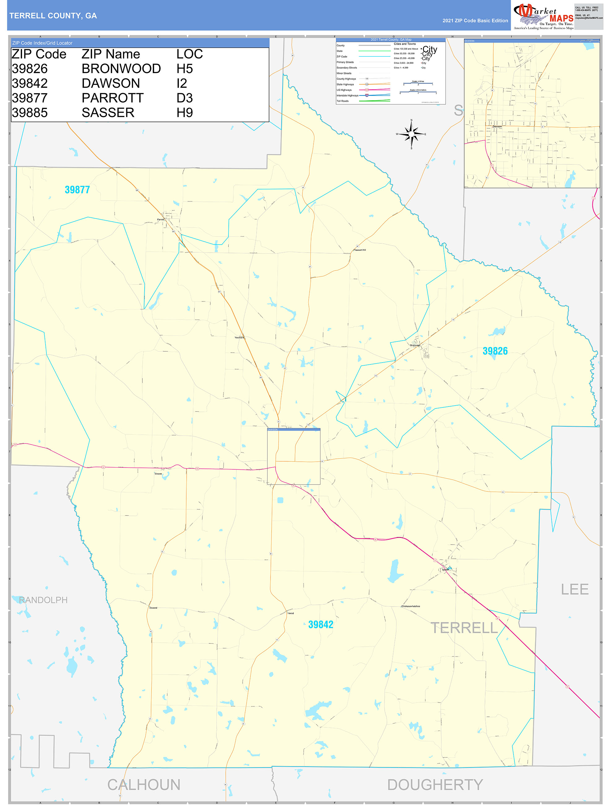 Terrell County, GA Zip Code Wall Map Basic Style by MarketMAPS - MapSales