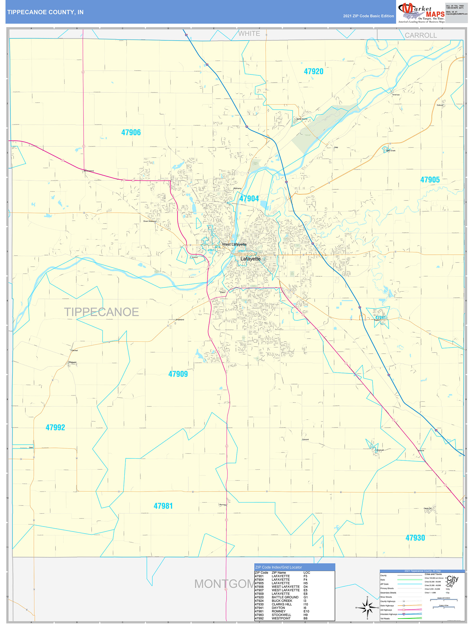 Tippecanoe County, IN Zip Code Wall Map Basic Style by MarketMAPS ...