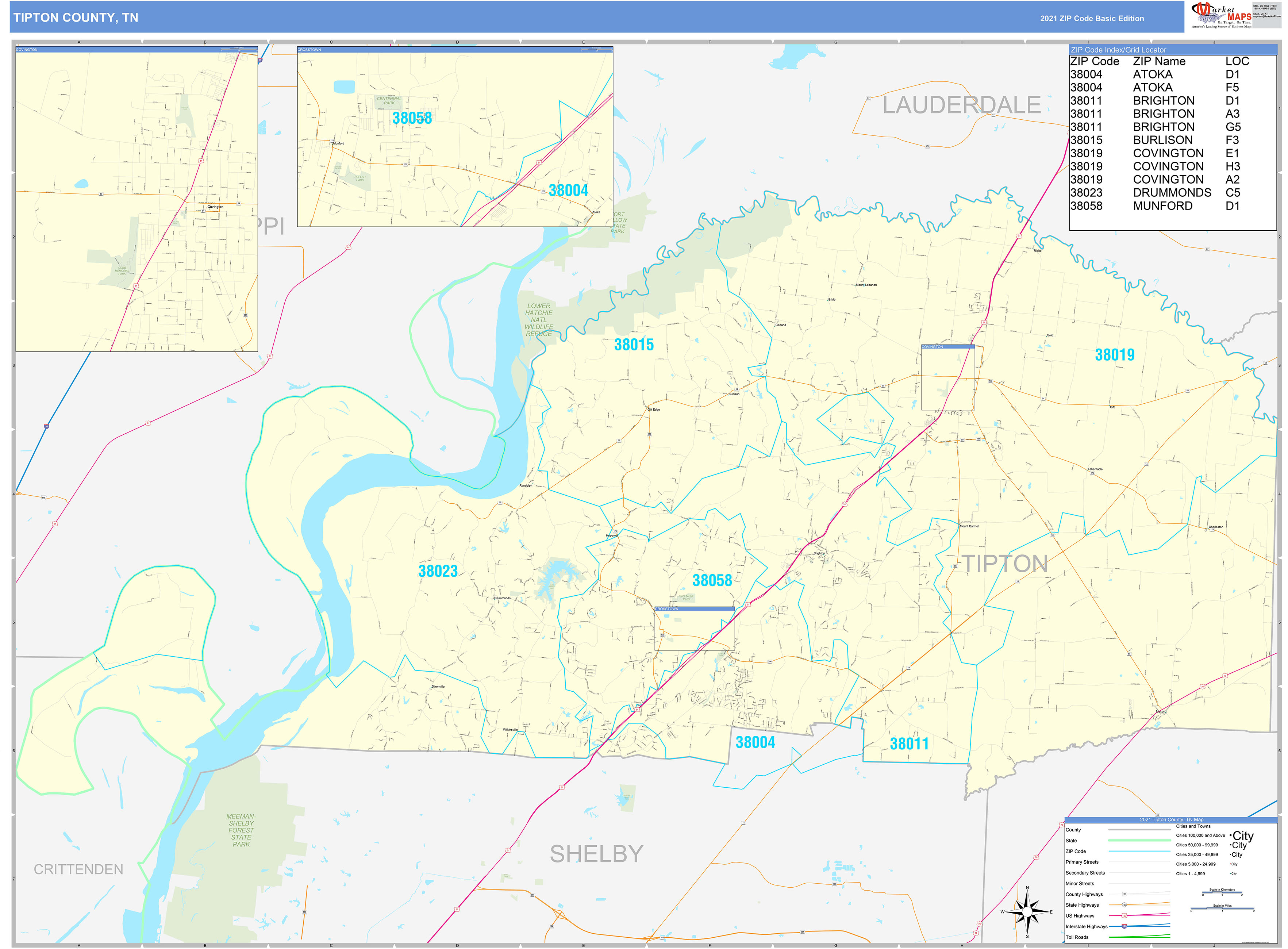 Tipton County, TN Zip Code Wall Map Basic Style by MarketMAPS - MapSales