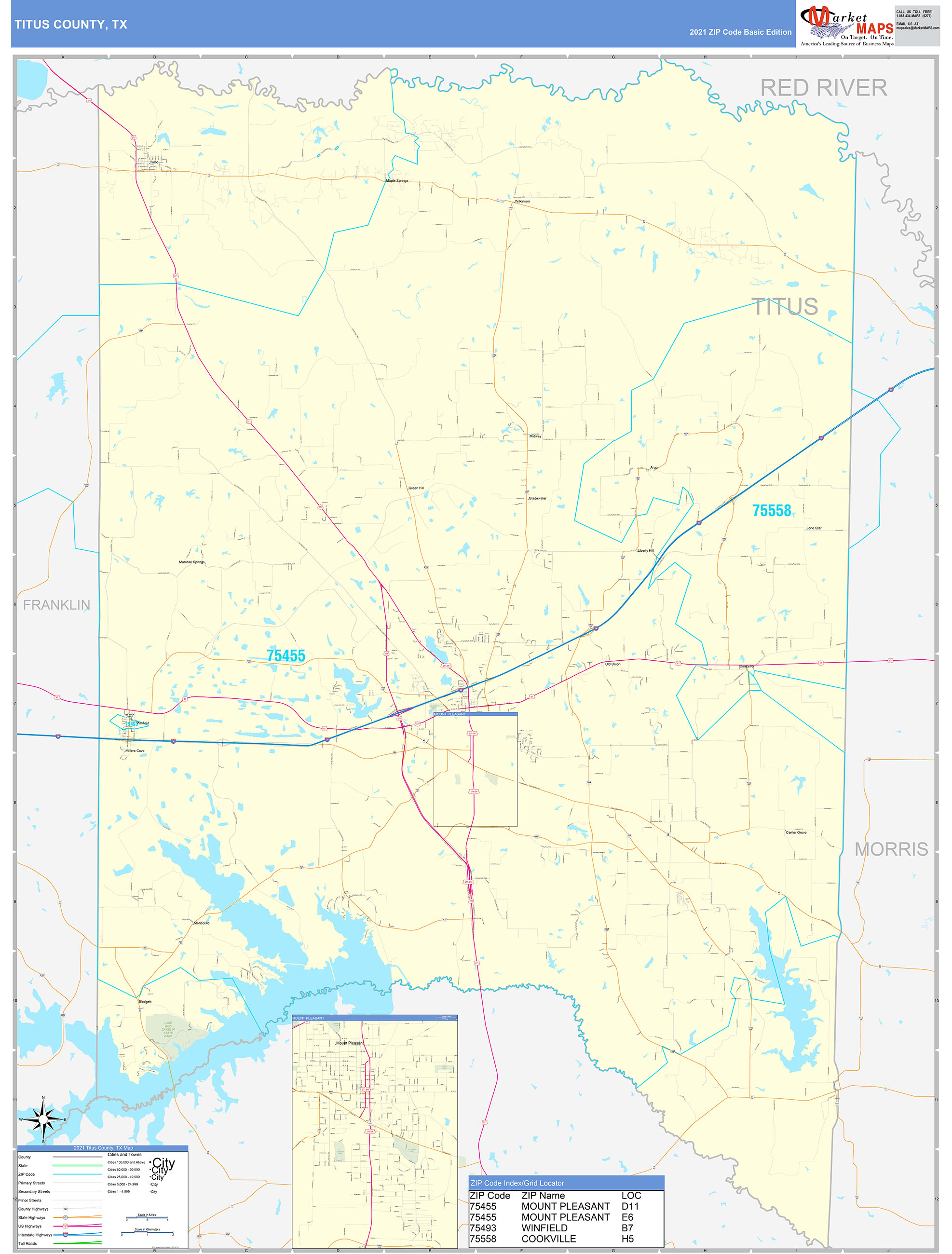 Titus County, TX Zip Code Wall Map Basic Style by MarketMAPS