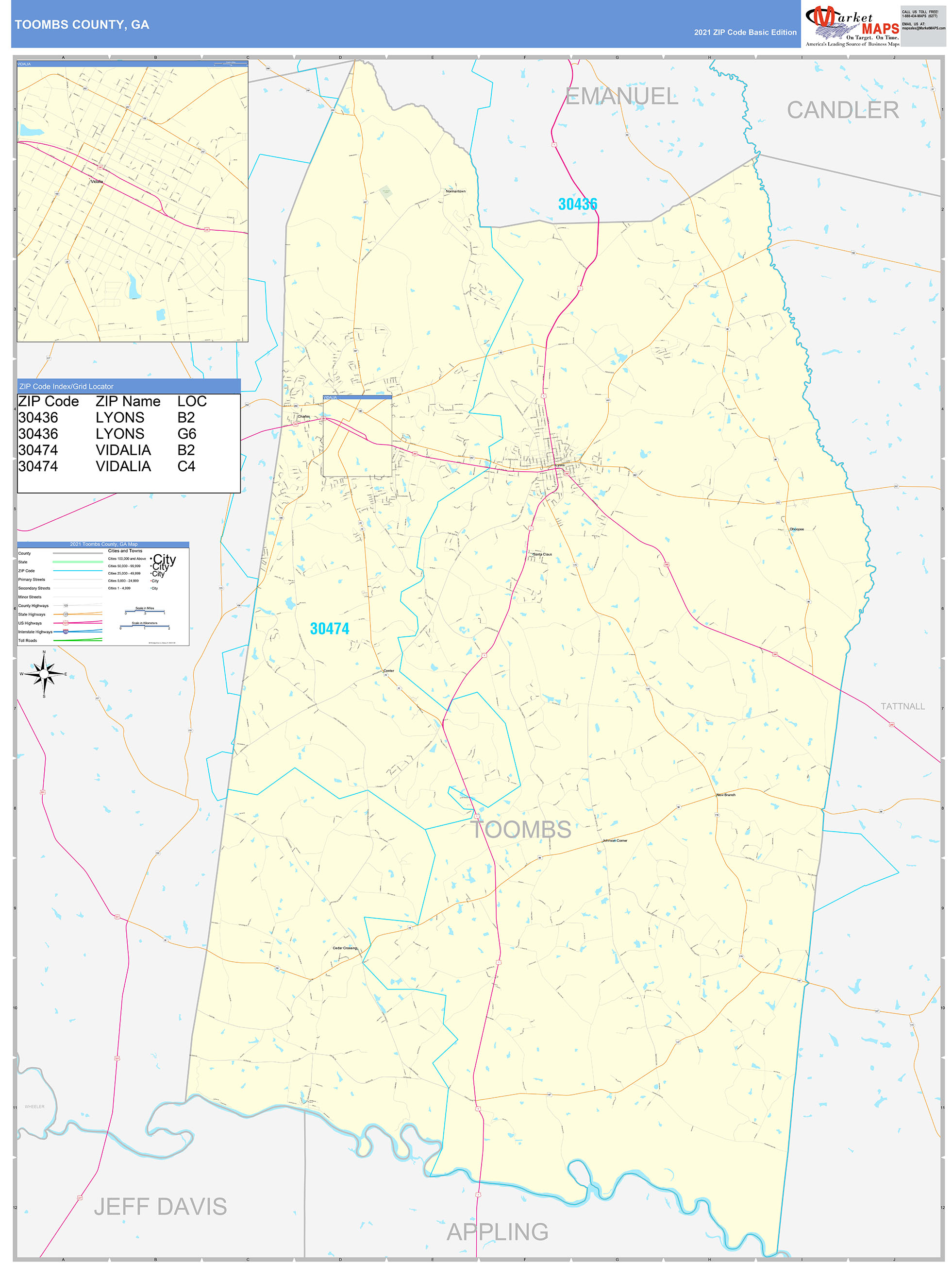 Toombs County GA Zip Code Wall Map Basic Style by MarketMAPS MapSales