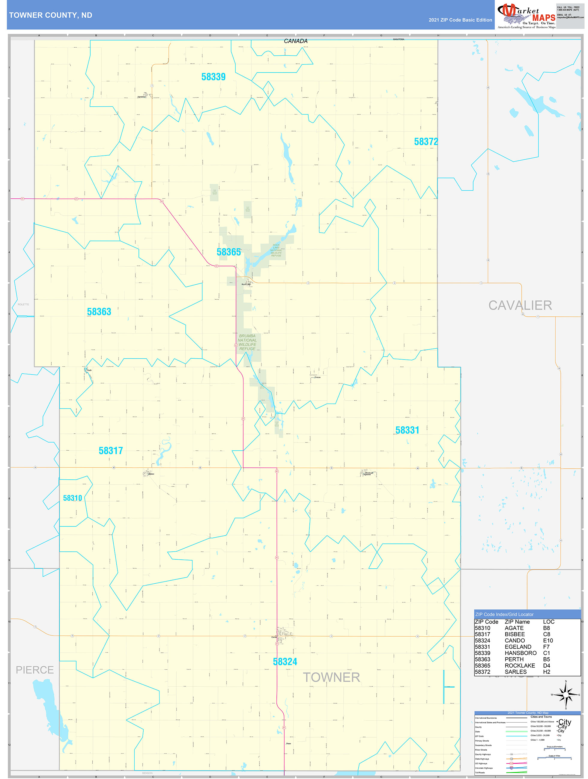 Towner County, ND Zip Code Wall Map Basic Style by MarketMAPS ...