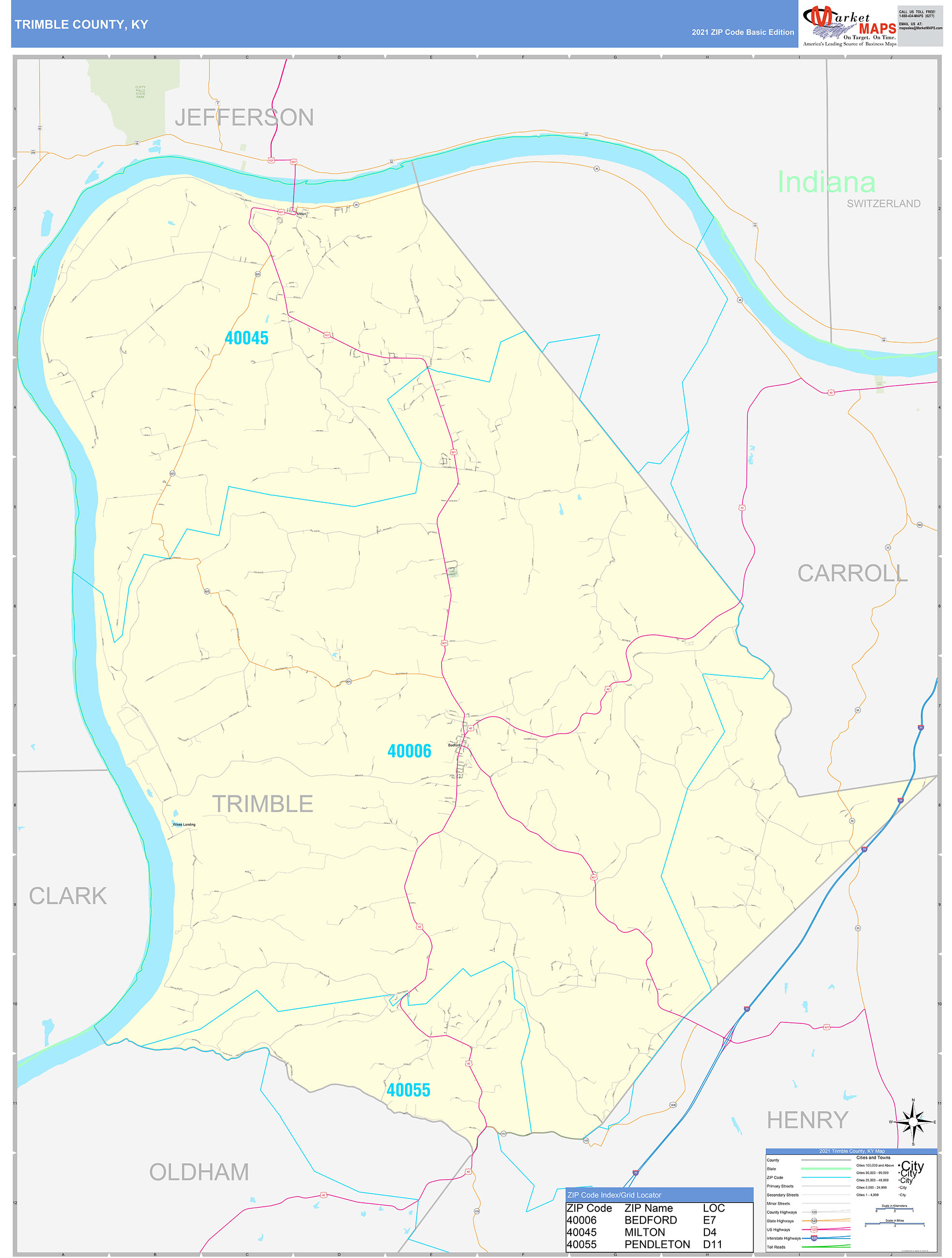 Trimble County, KY Zip Code Wall Map Basic Style by MarketMAPS