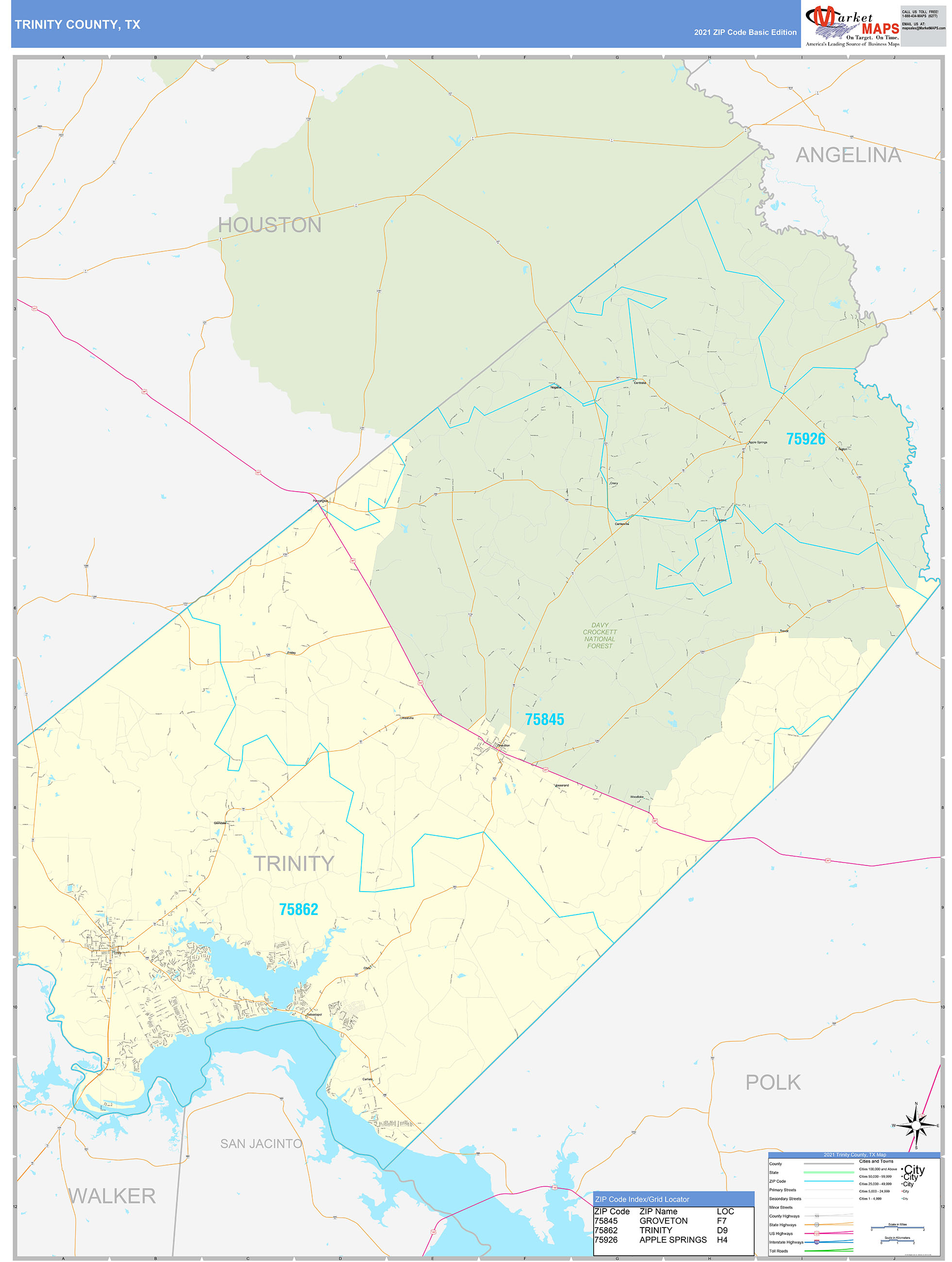 Trinity County, TX Zip Code Wall Map Basic Style by MarketMAPS - MapSales