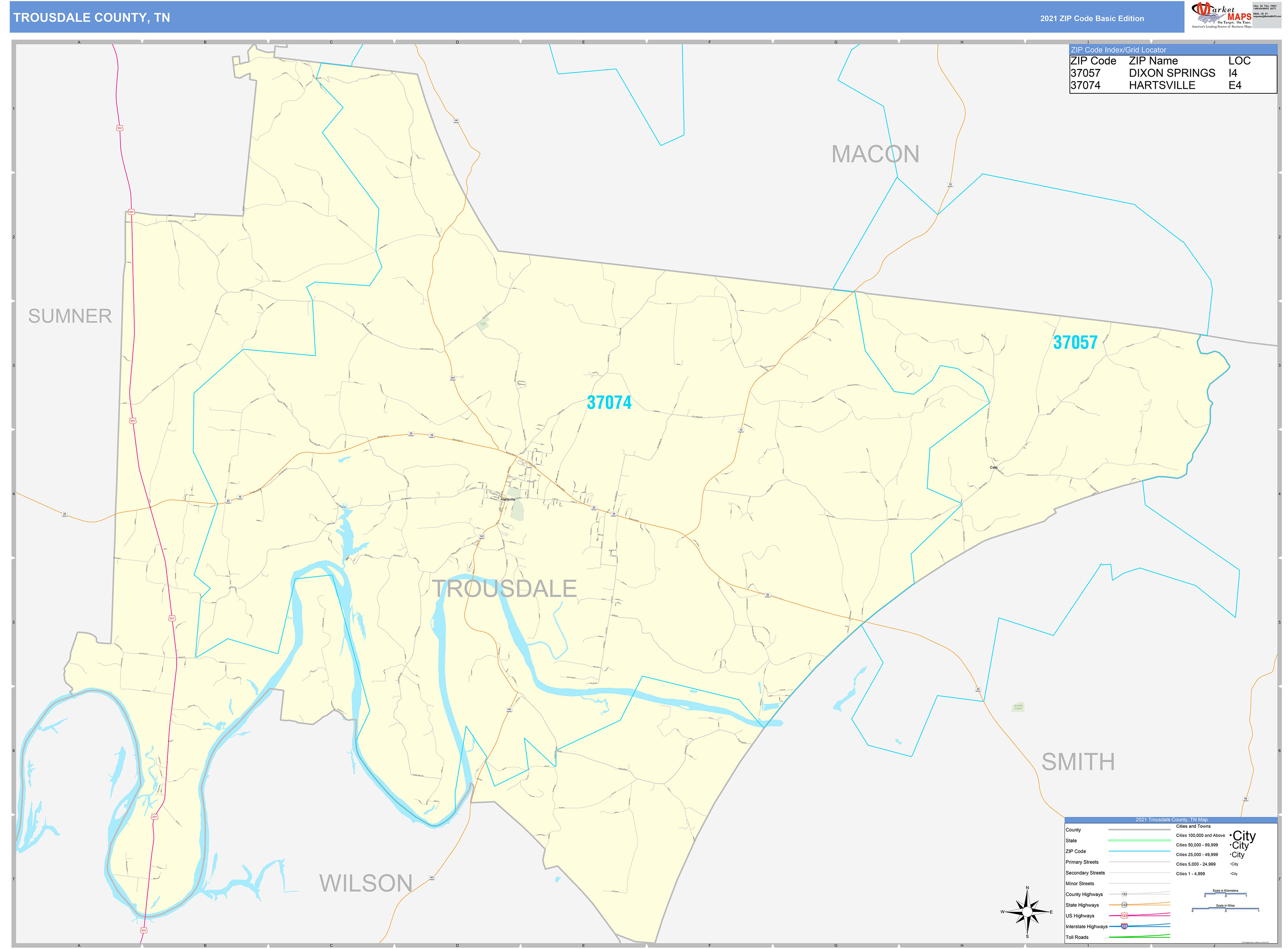 Trousdale County, TN Zip Code Wall Map Basic Style by MarketMAPS