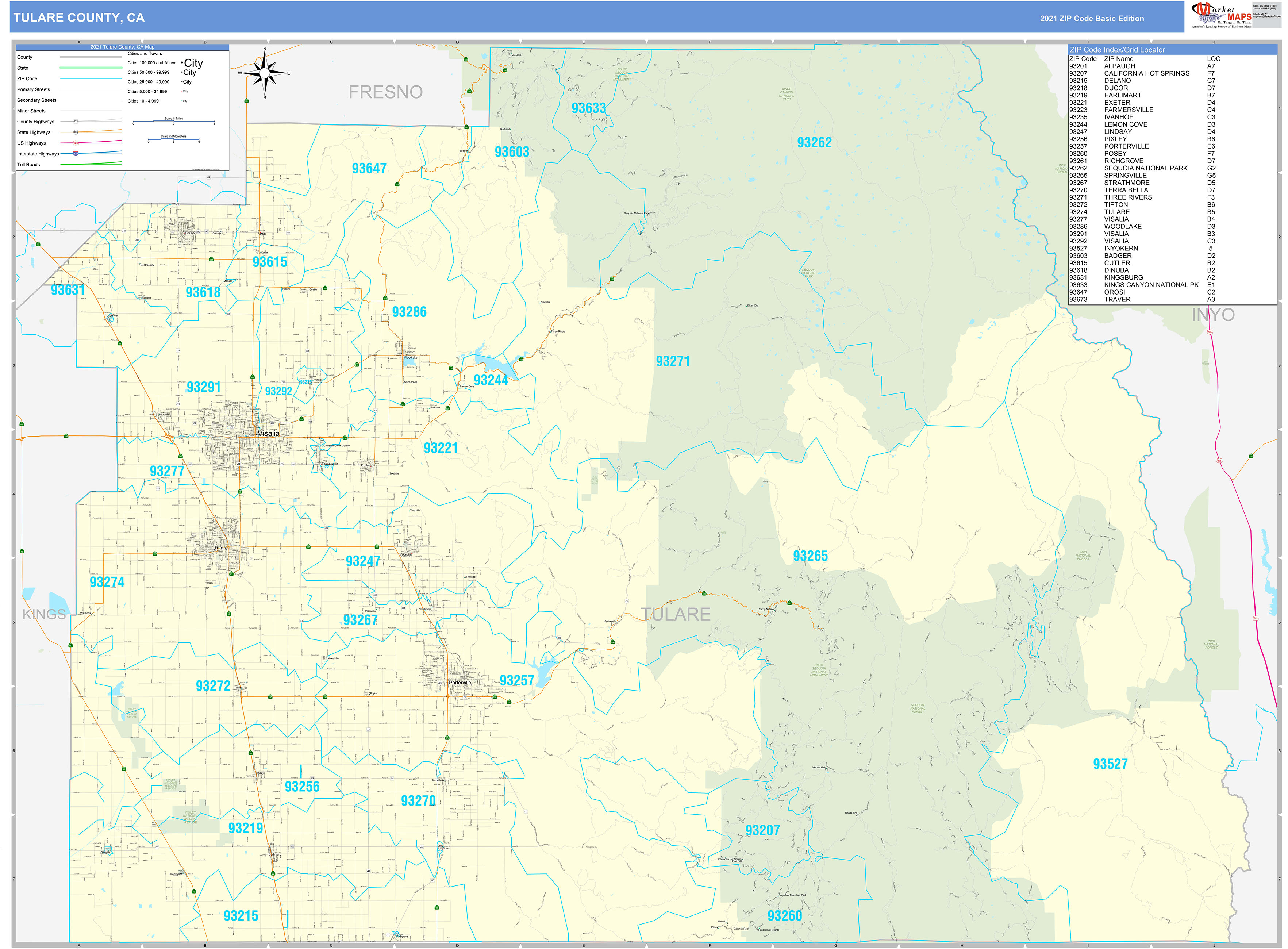 Tulare County, CA Zip Code Wall Map Basic Style by MarketMAPS