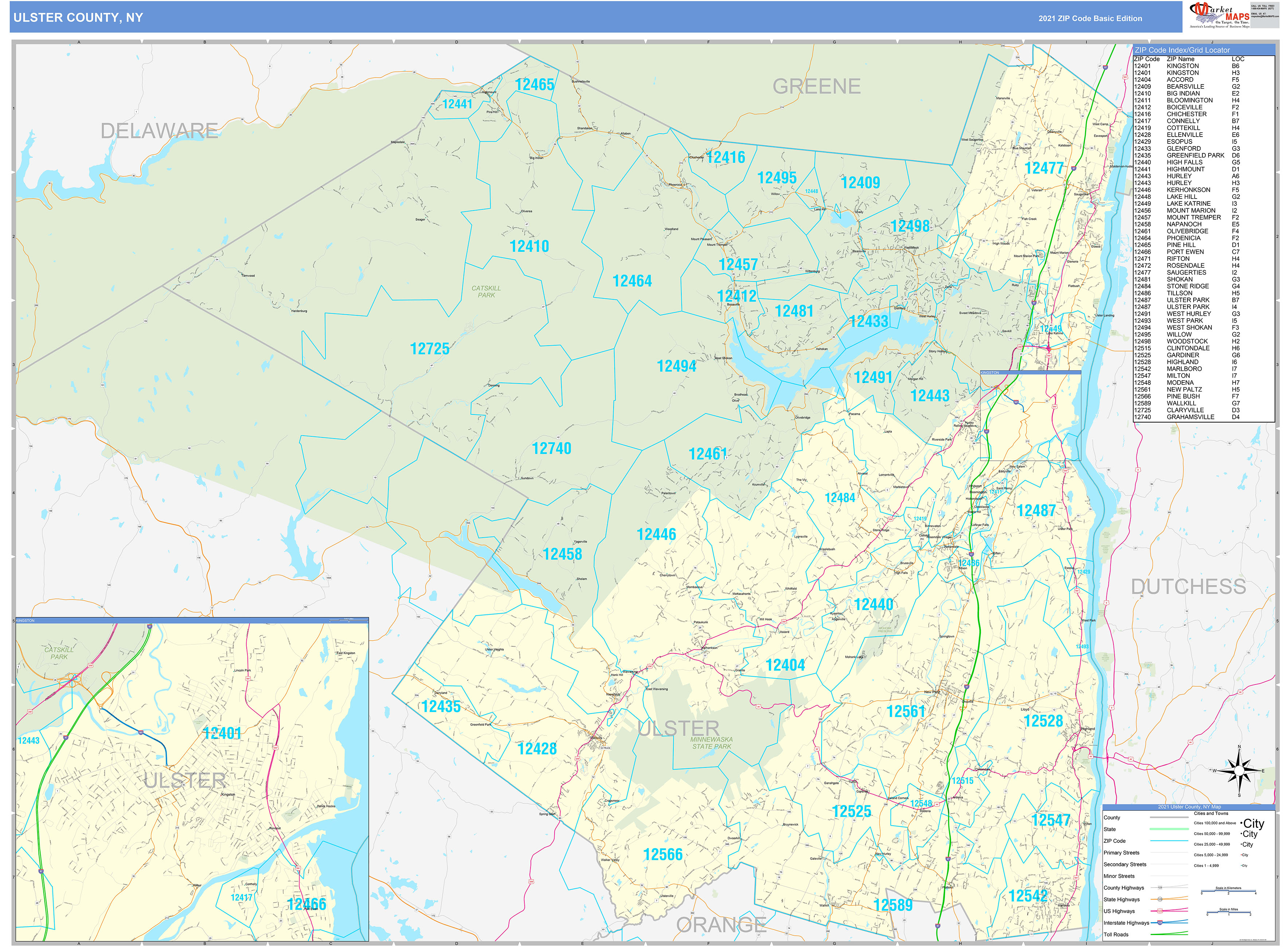 Ulster County Ny Zip Code Wall Map Basic Style By Marketmaps Mapsales 1314
