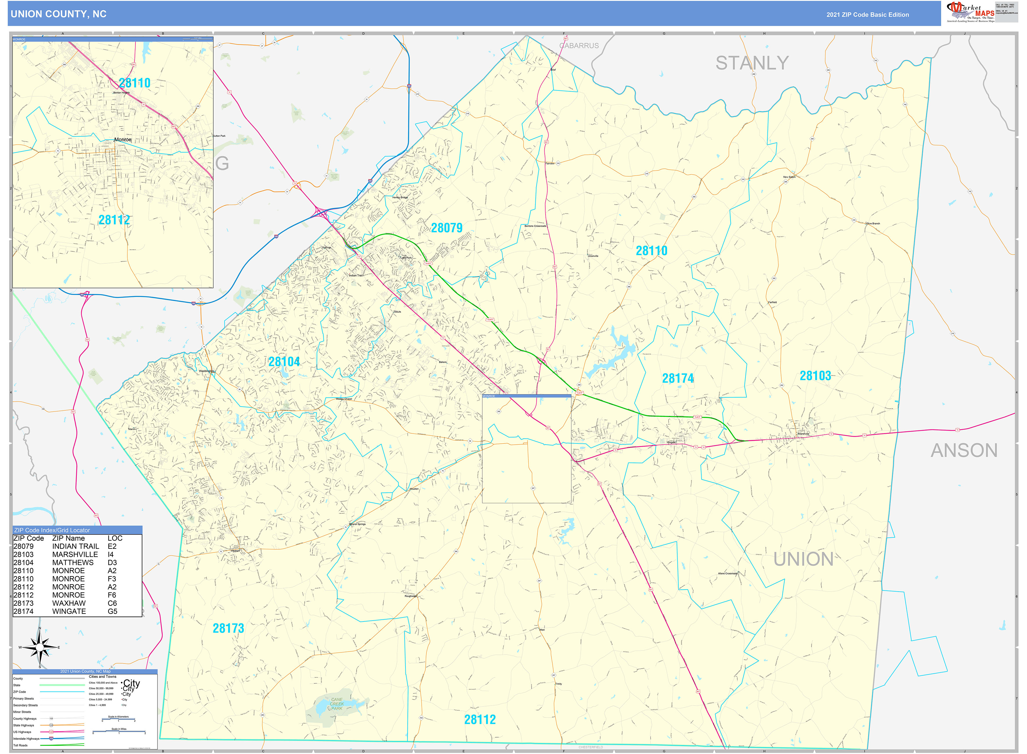 Union County, NC Zip Code Wall Map Basic Style by MarketMAPS MapSales
