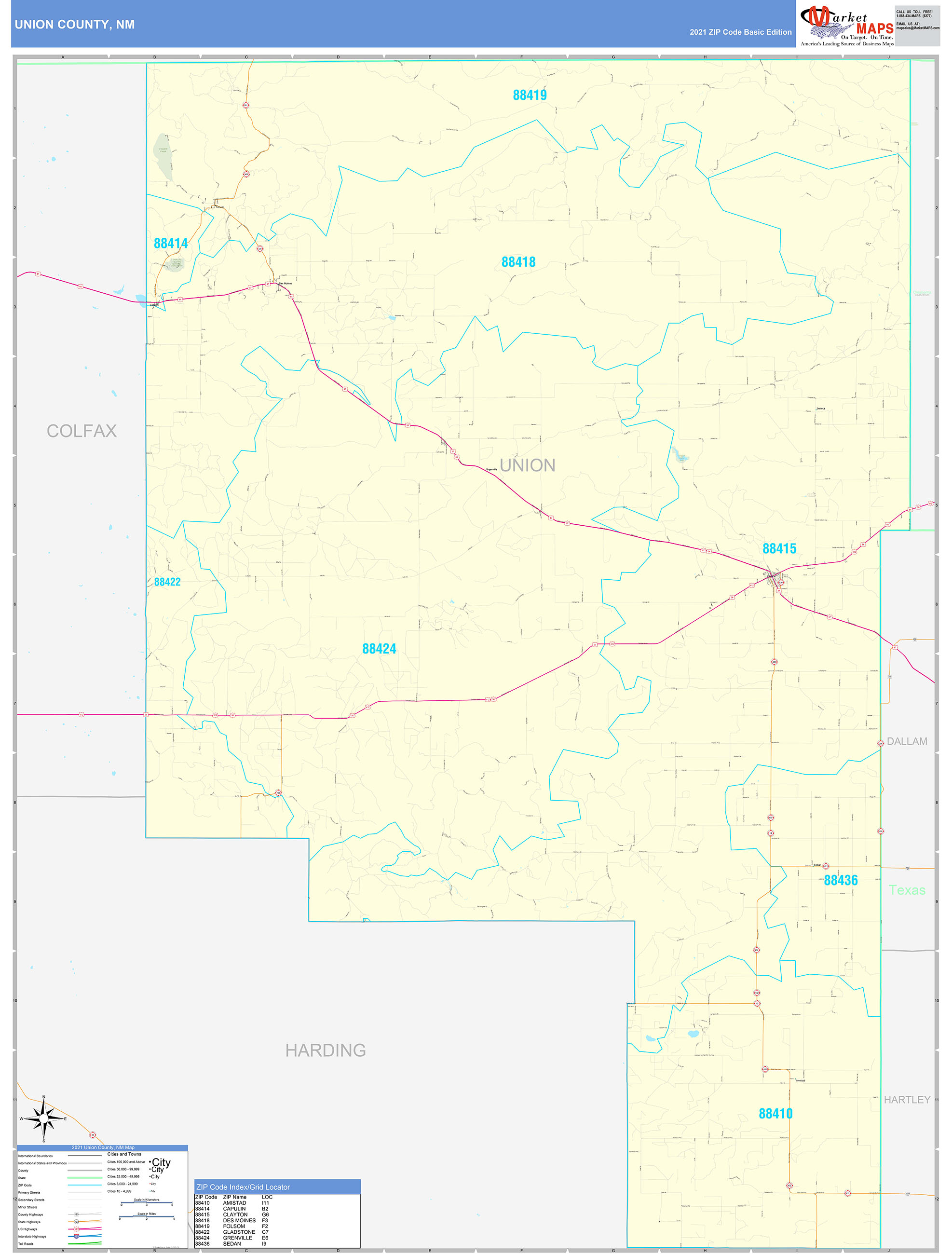 Union County, NM Zip Code Wall Map Basic Style by MarketMAPS