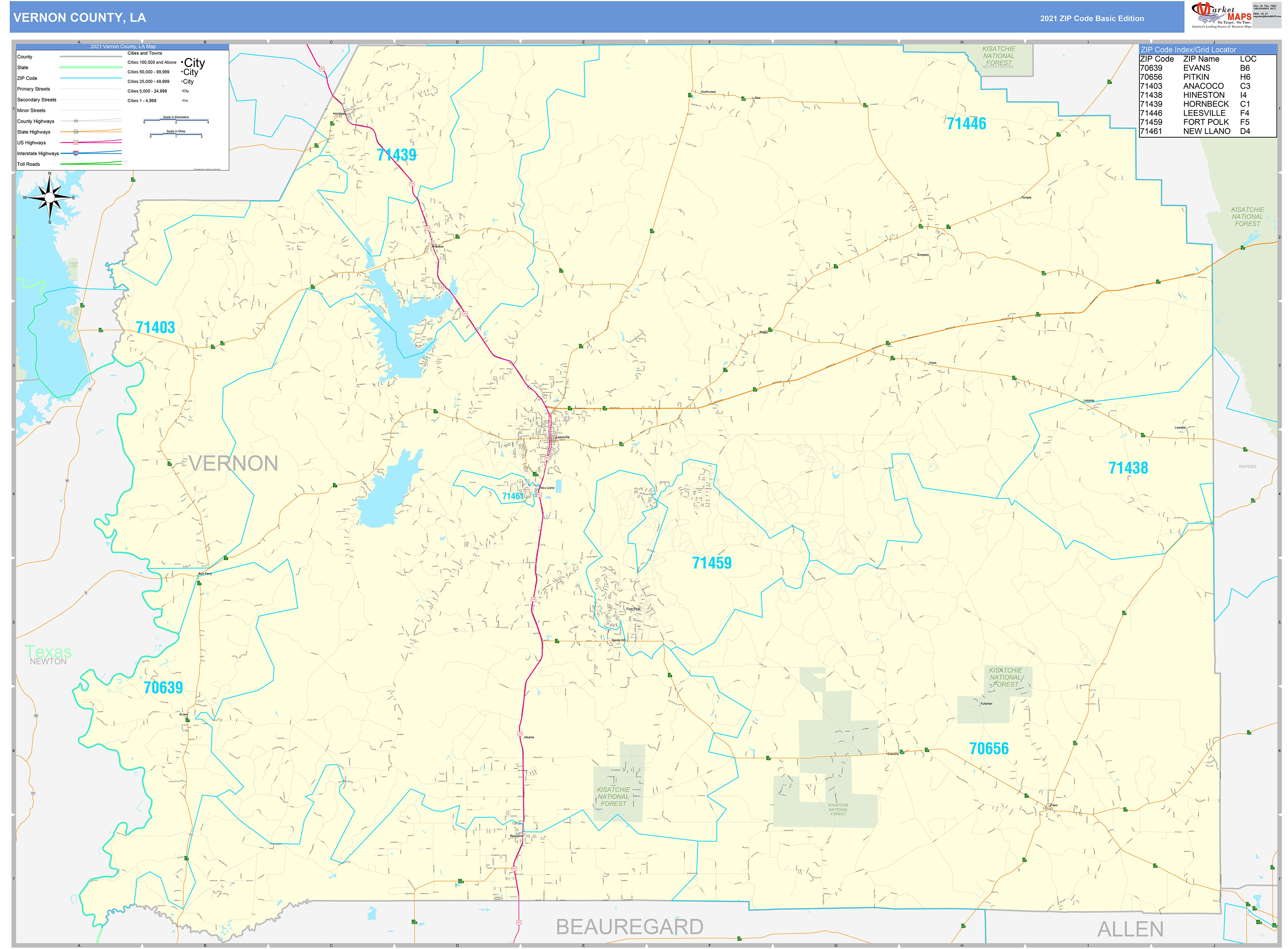 Vernon County, LA Zip Code Wall Map Basic Style by MarketMAPS