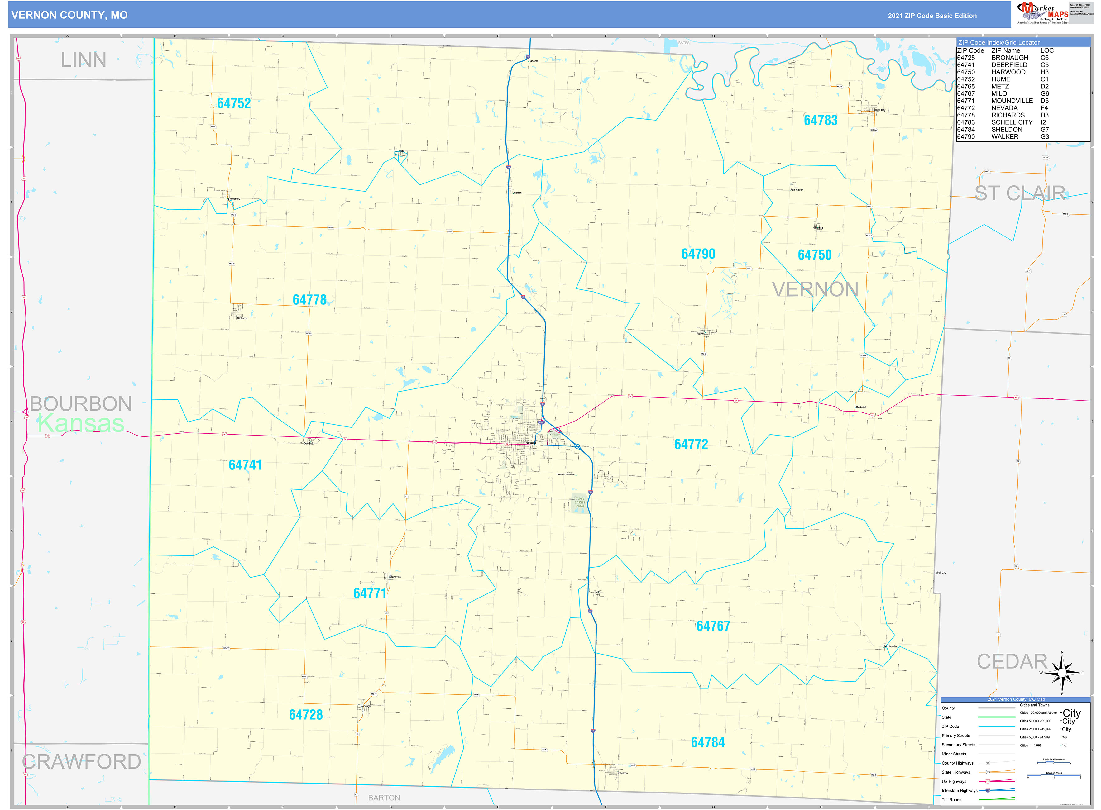 Vernon County, MO Zip Code Wall Map Basic Style by MarketMAPS - MapSales