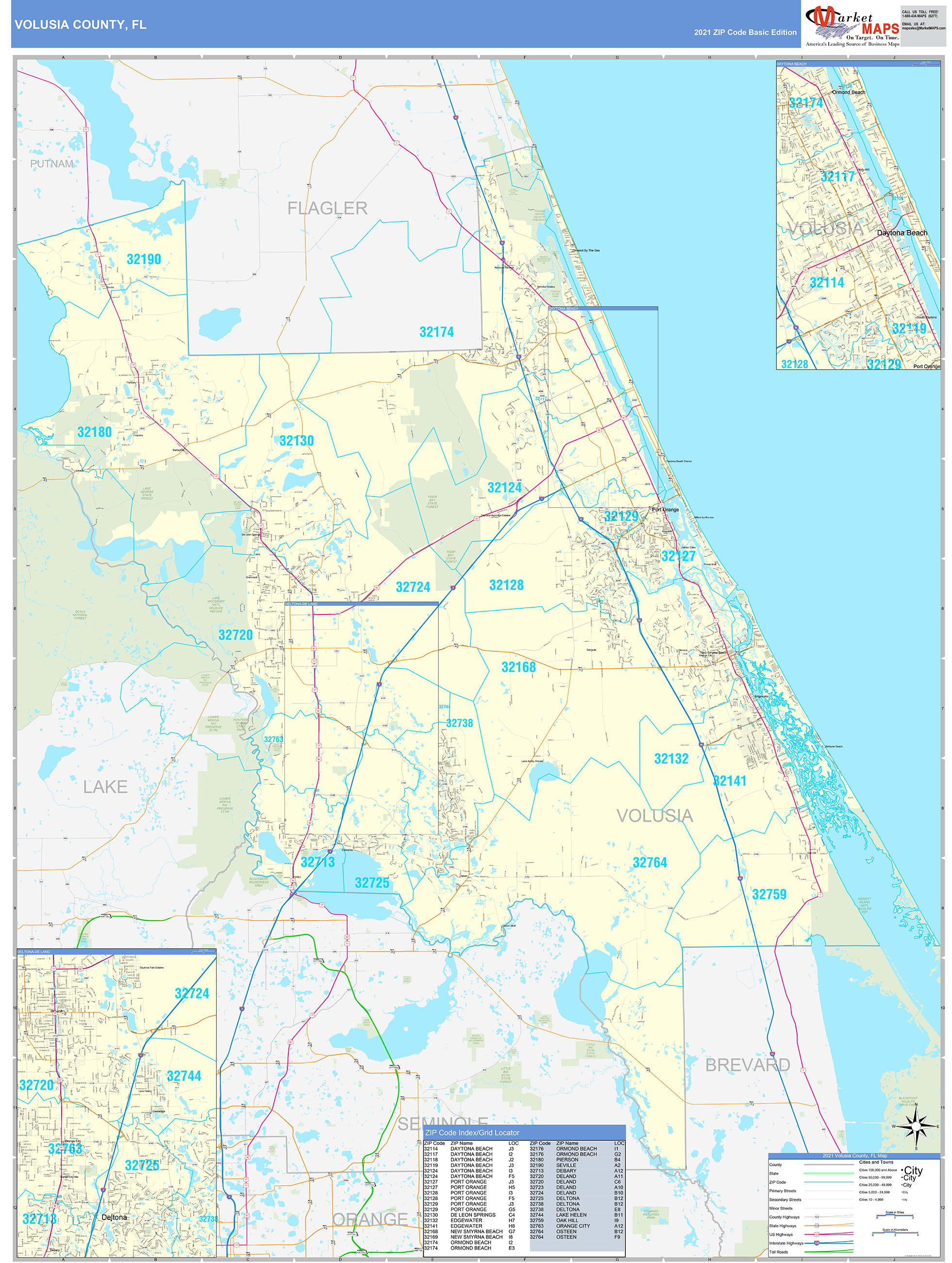 Volusia County, FL Zip Code Wall Map Basic Style by MarketMAPS MapSales
