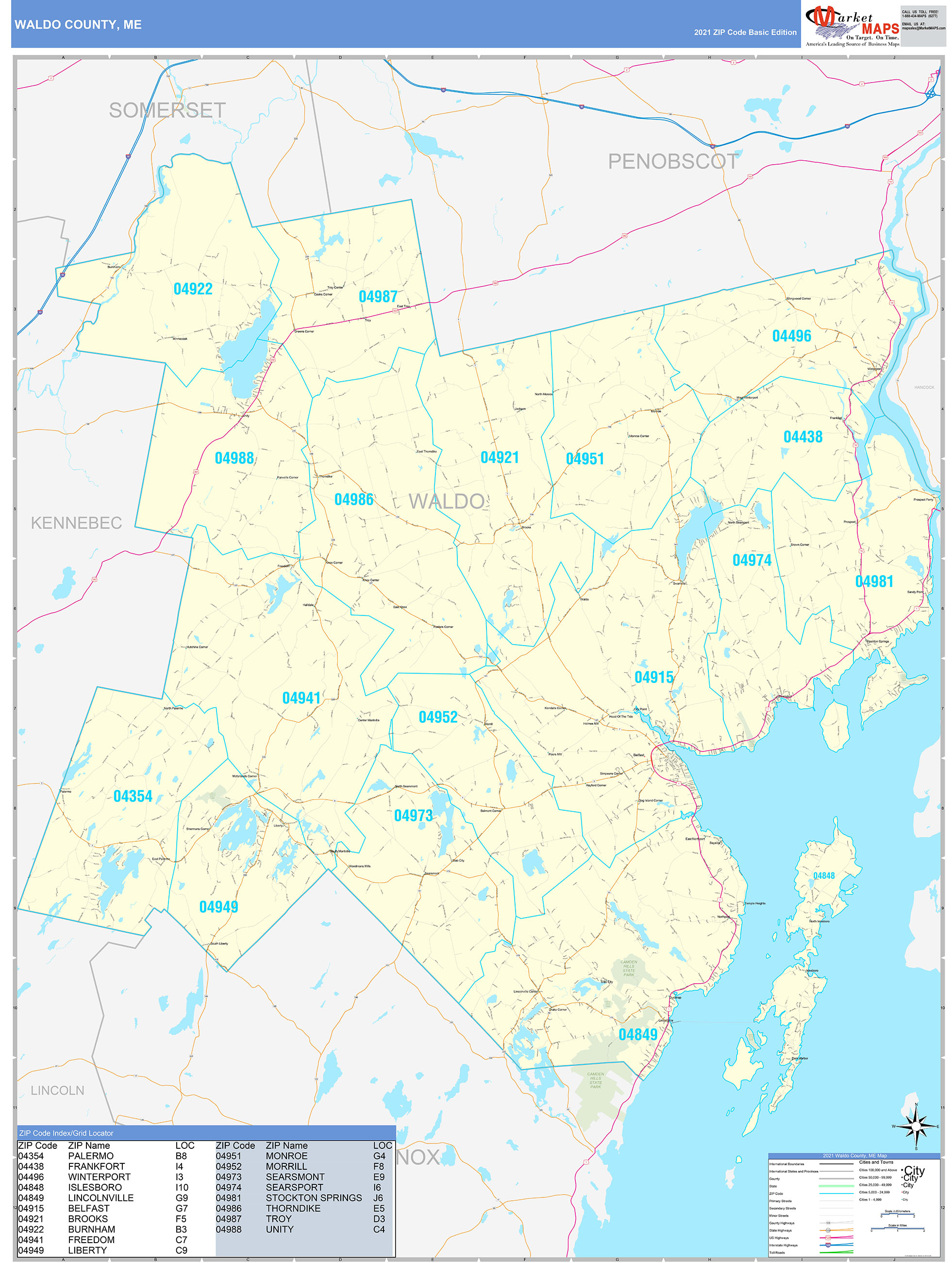 Waldo County, ME Zip Code Wall Map Basic Style by MarketMAPS - MapSales