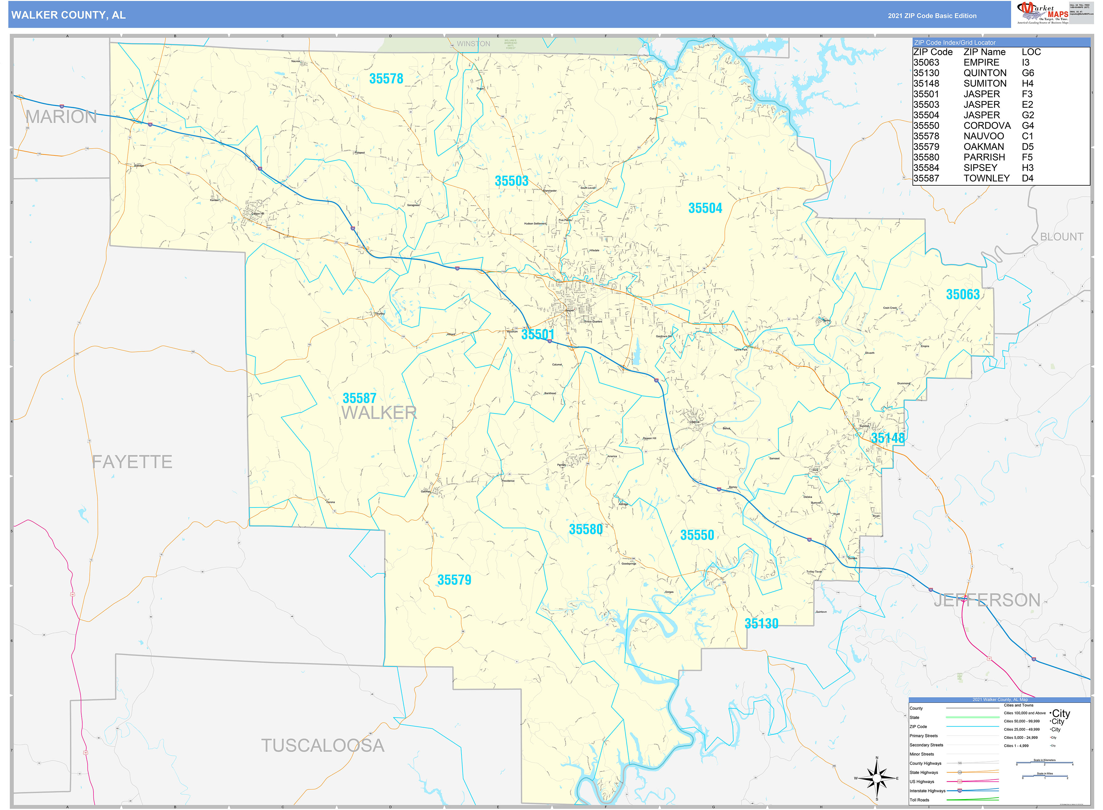 Walker County, AL Zip Code Wall Map Basic Style by MarketMAPS - MapSales