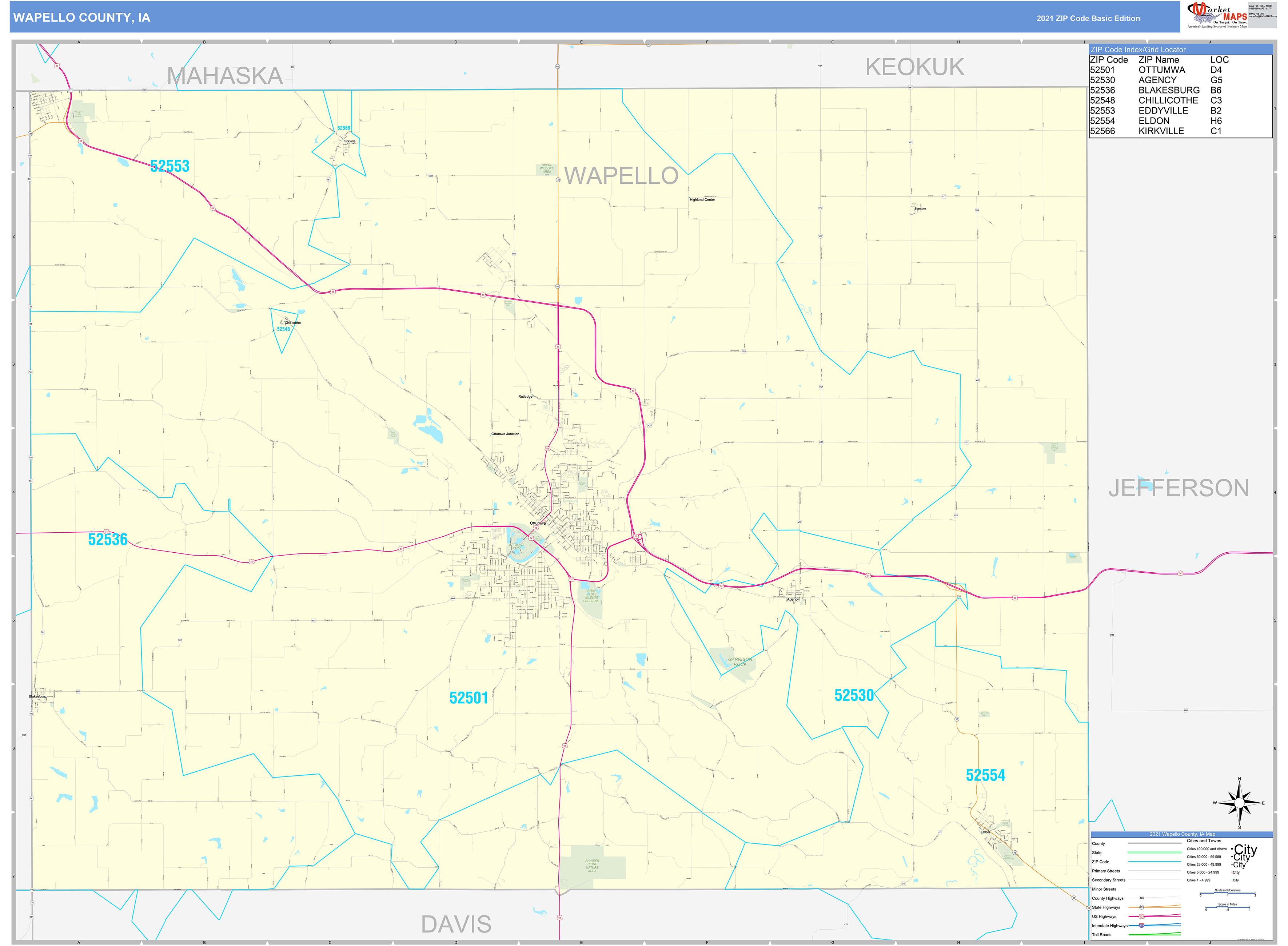 Wapello County, IA Zip Code Wall Map Basic Style by MarketMAPS MapSales