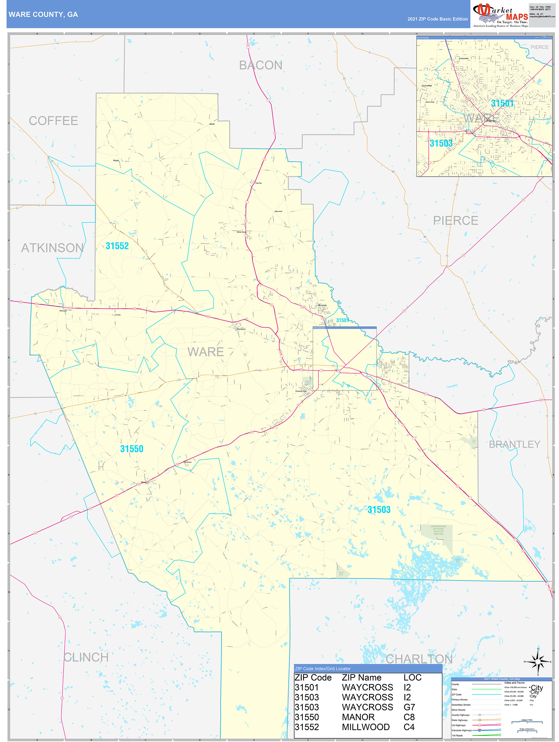 ware-county-ga-zip-code-wall-map-basic-style-by-marketmaps-mapsales