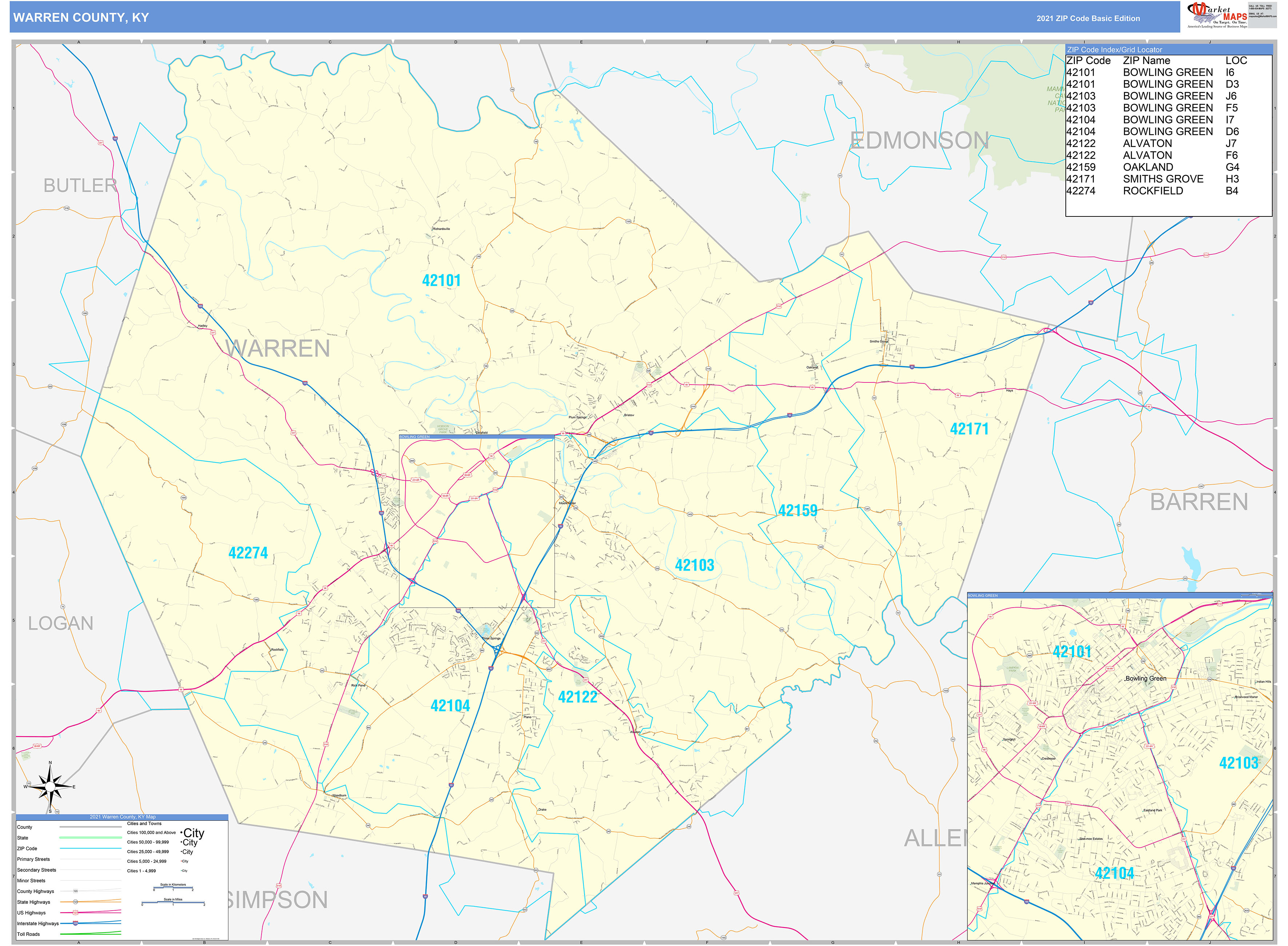 Warren County, KY Zip Code Wall Map Basic Style by MarketMAPS - MapSales