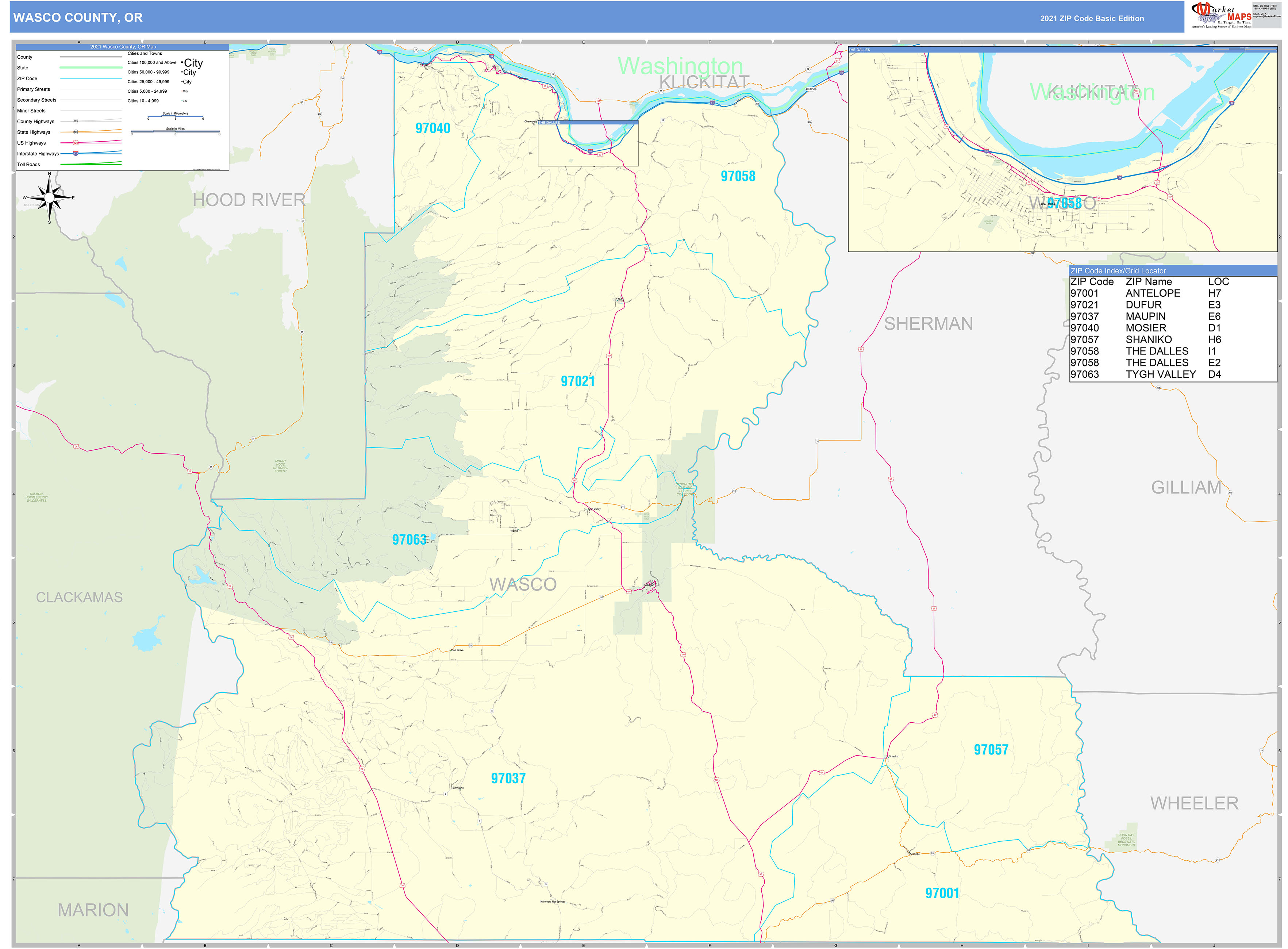 Wasco County, OR Zip Code Wall Map Basic Style by MarketMAPS MapSales