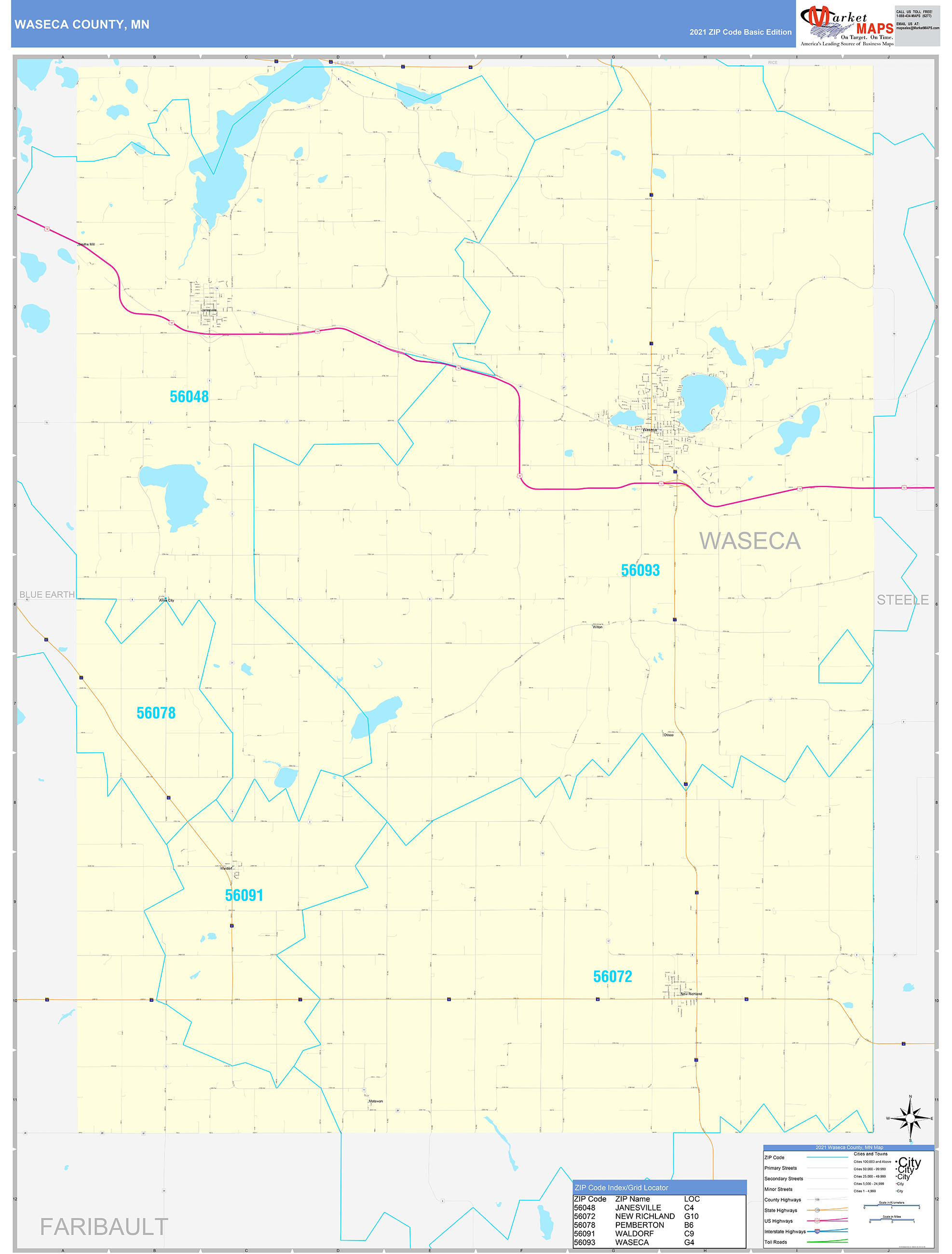 Waseca County, MN Zip Code Wall Map Basic Style by MarketMAPS - MapSales