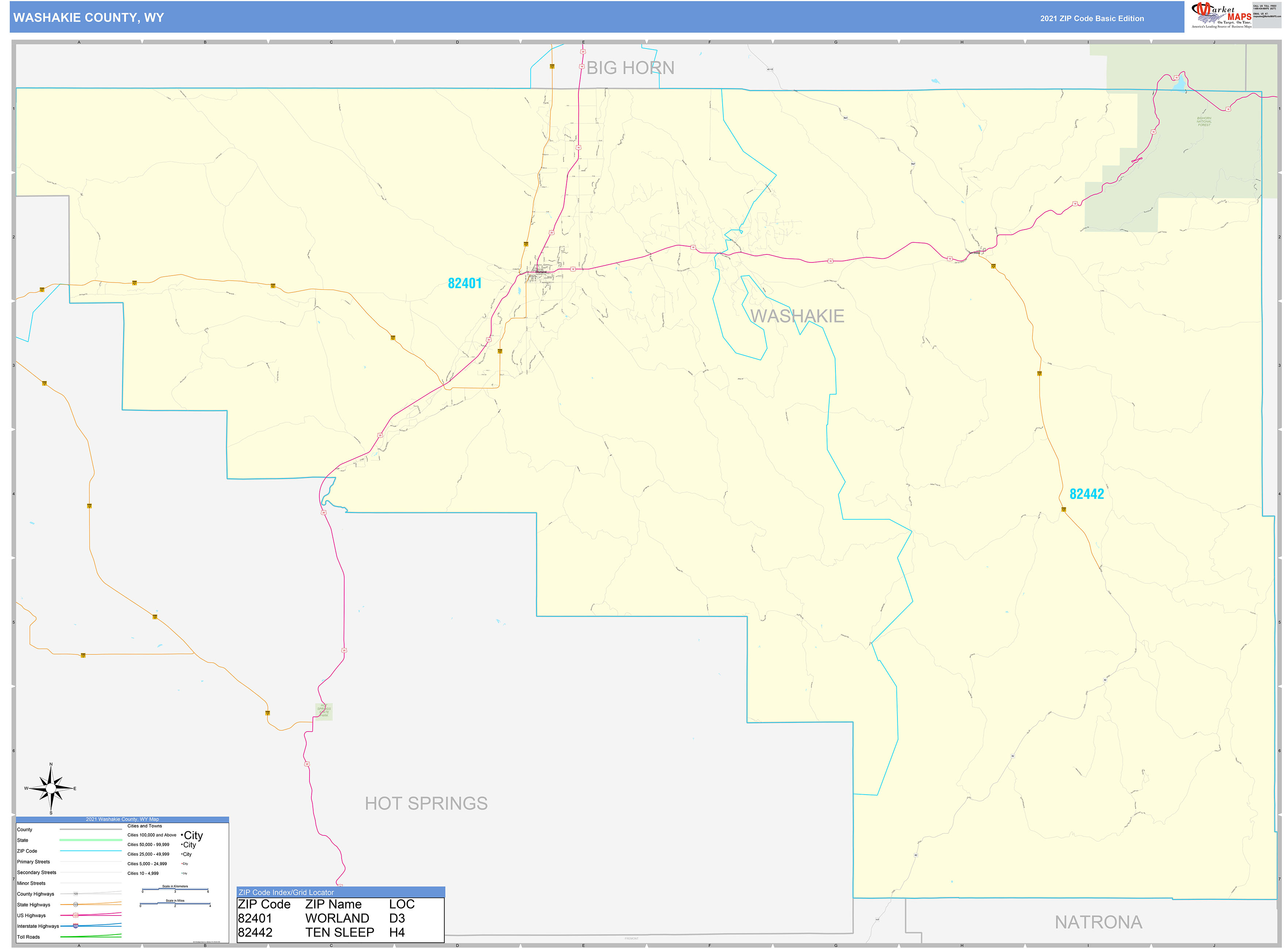 Washakie County, WY Zip Code Wall Map Basic Style by MarketMAPS - MapSales