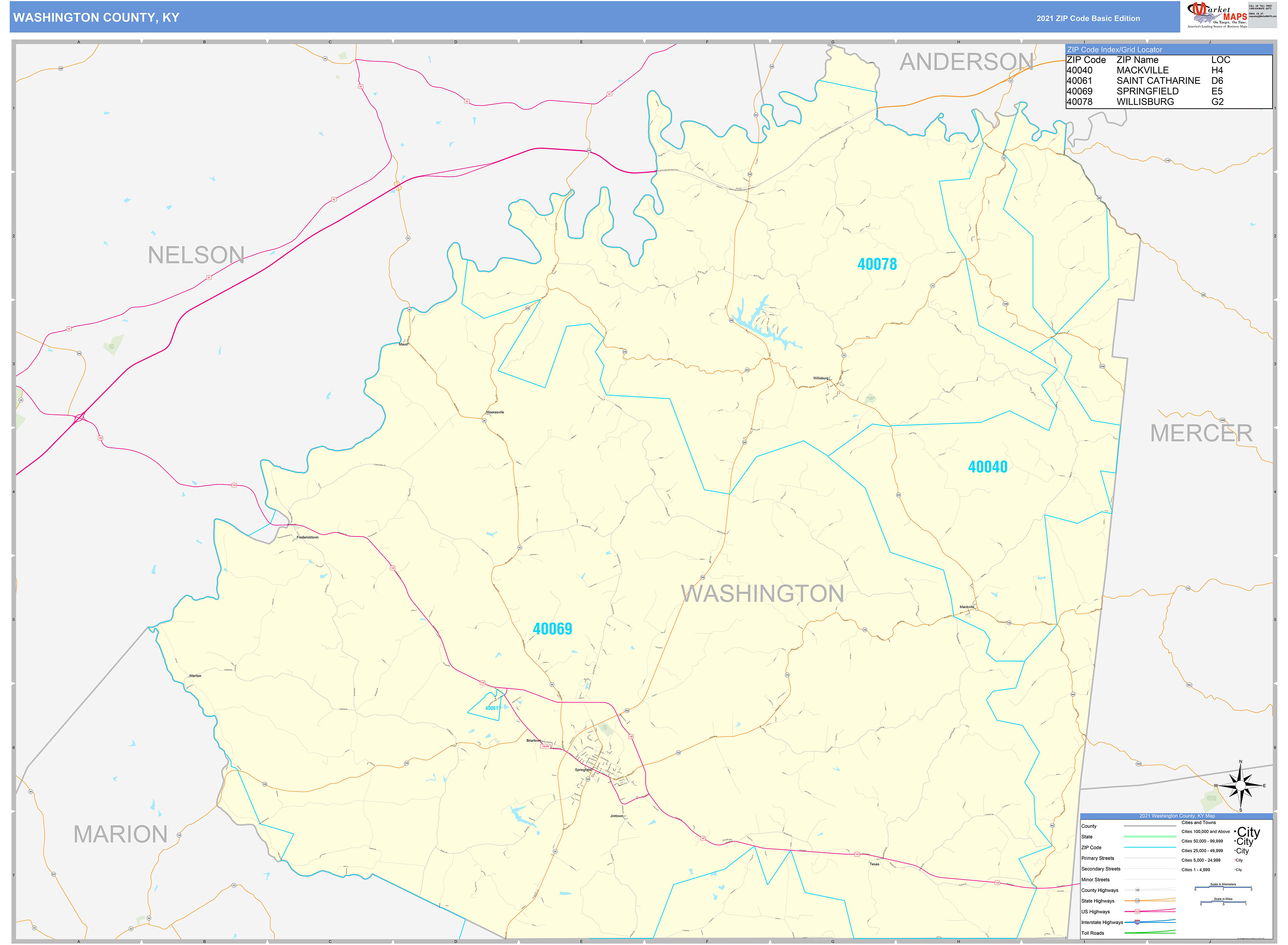 Washington County Ky Zip Code Wall Map Basic Style By Marketmaps Mapsales 3623