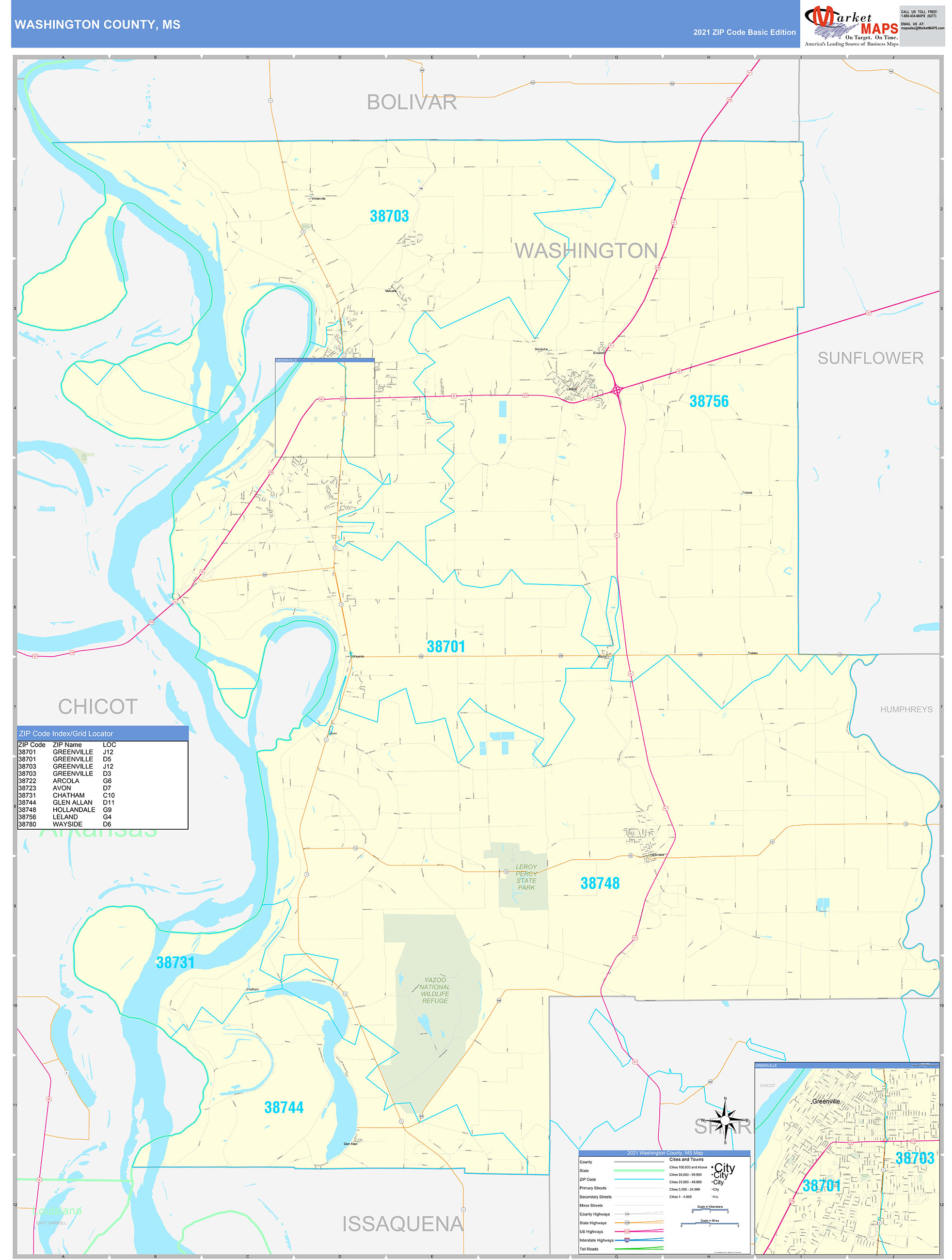 Washington County, MS Zip Code Wall Map Basic Style by MarketMAPS