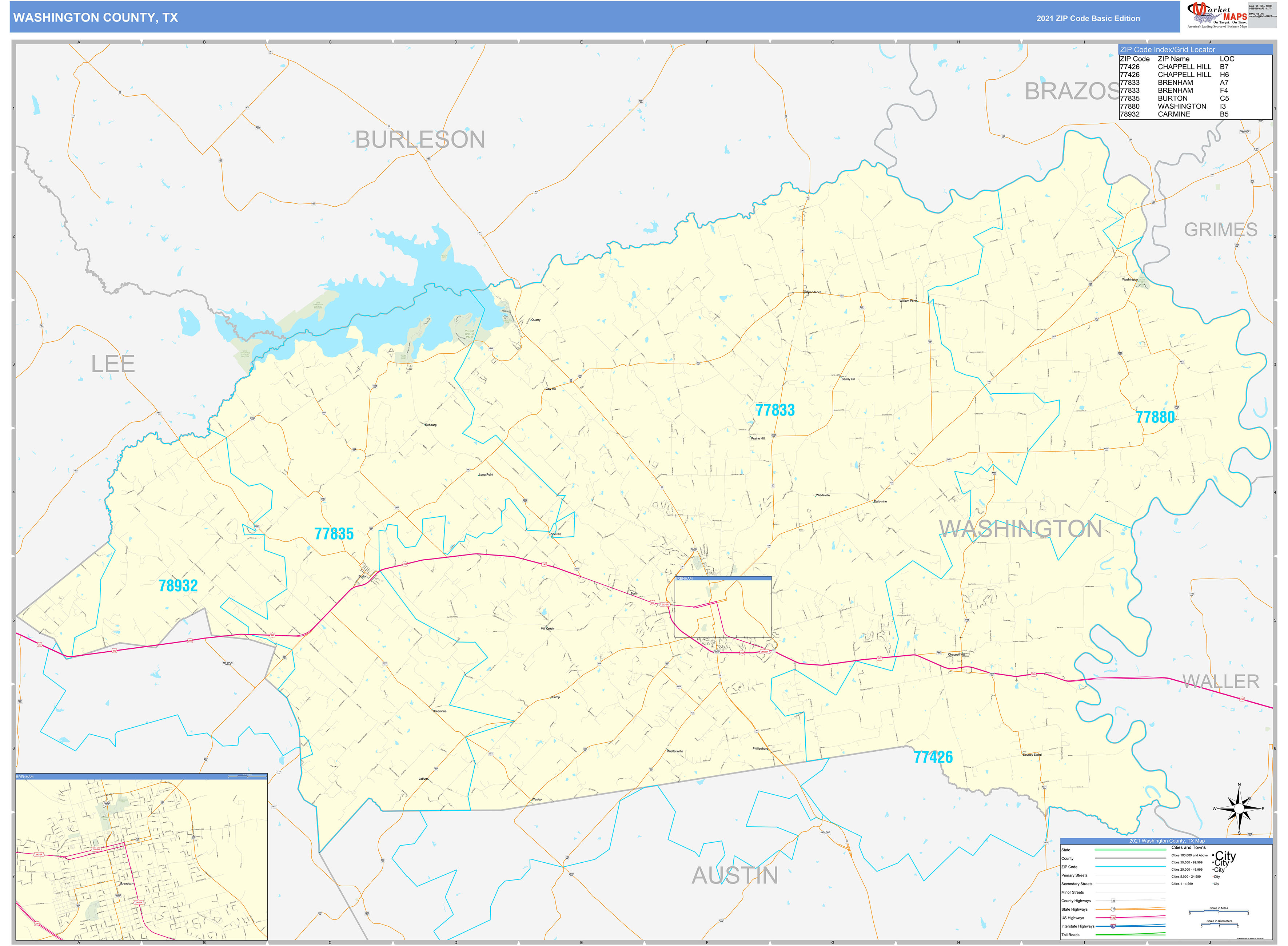 Washington County, TX Zip Code Wall Map Basic Style by MarketMAPS ...