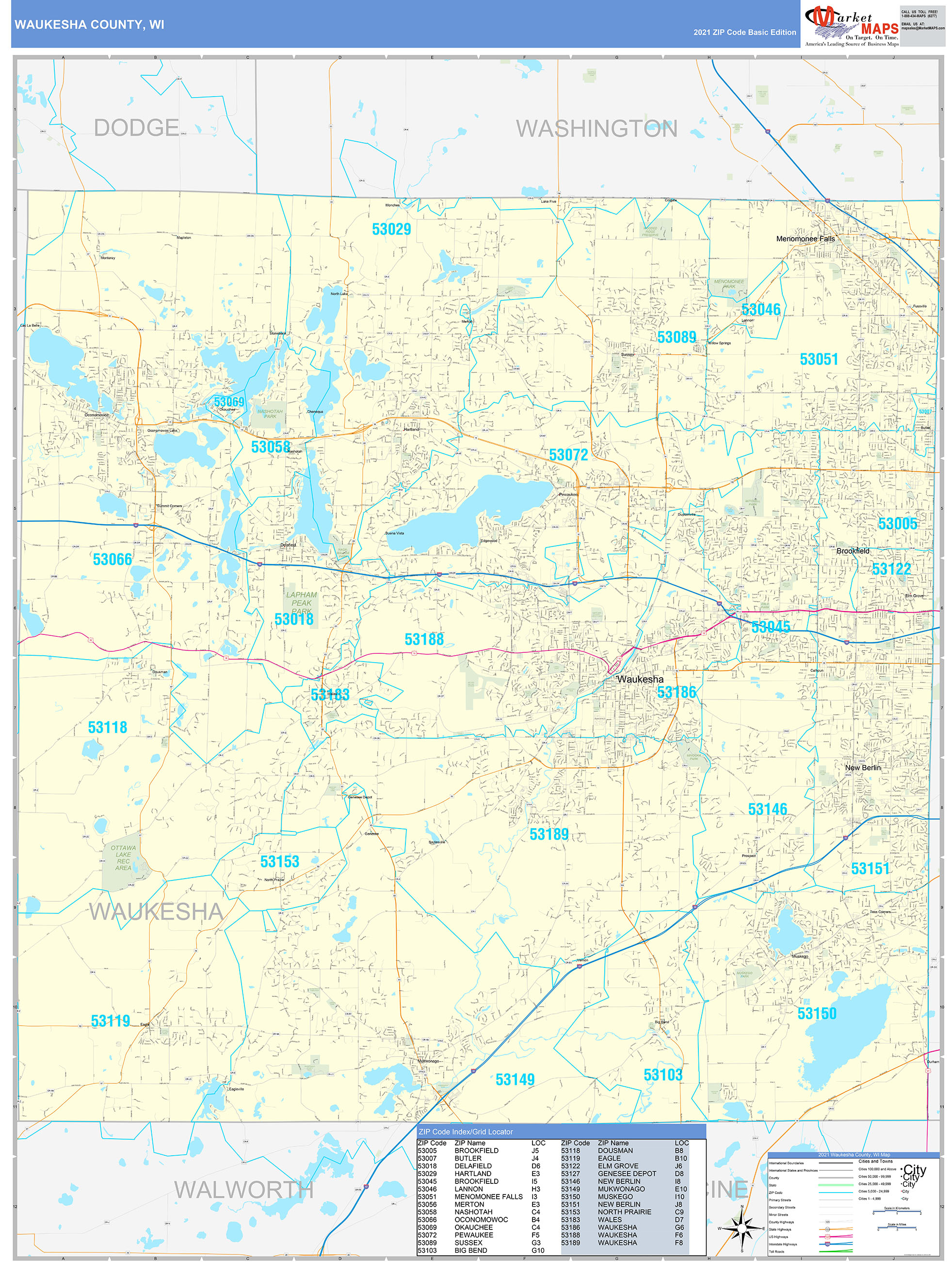 Waukesha County, WI Zip Code Wall Map Basic Style by MarketMAPS MapSales