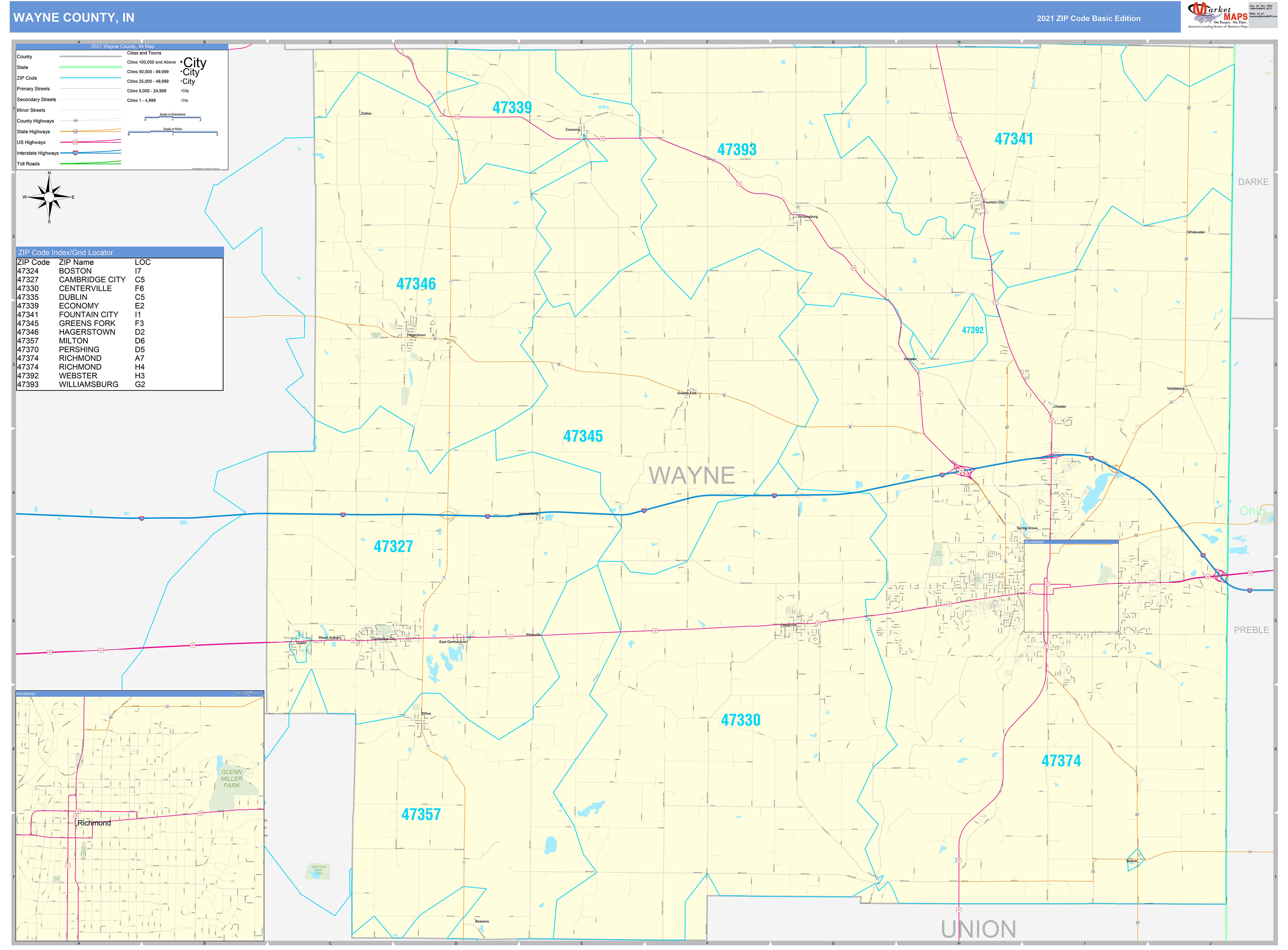 Wayne County, IN Zip Code Wall Map Basic Style by MarketMAPS