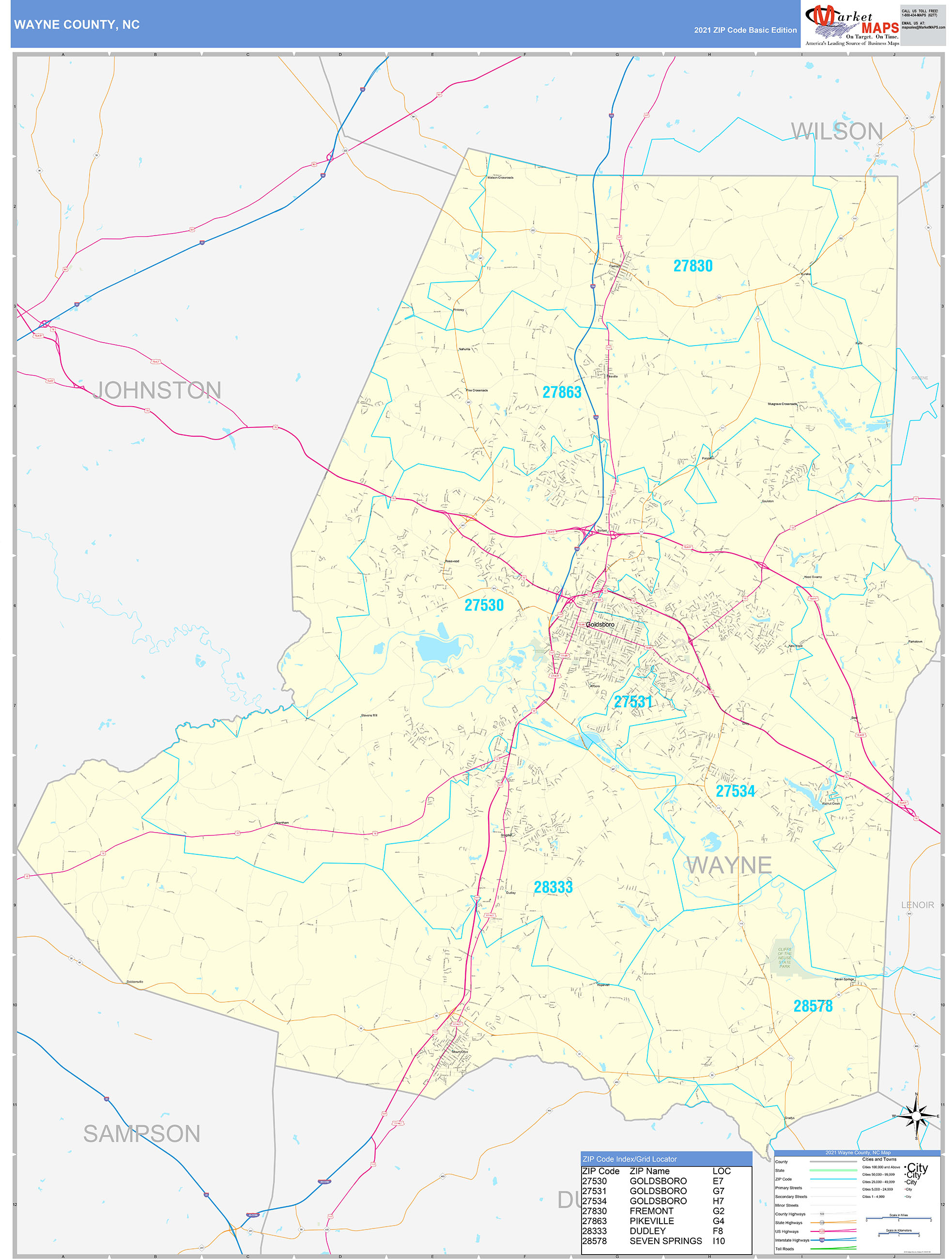 Wayne County, NC Zip Code Wall Map Basic Style by MarketMAPS - MapSales