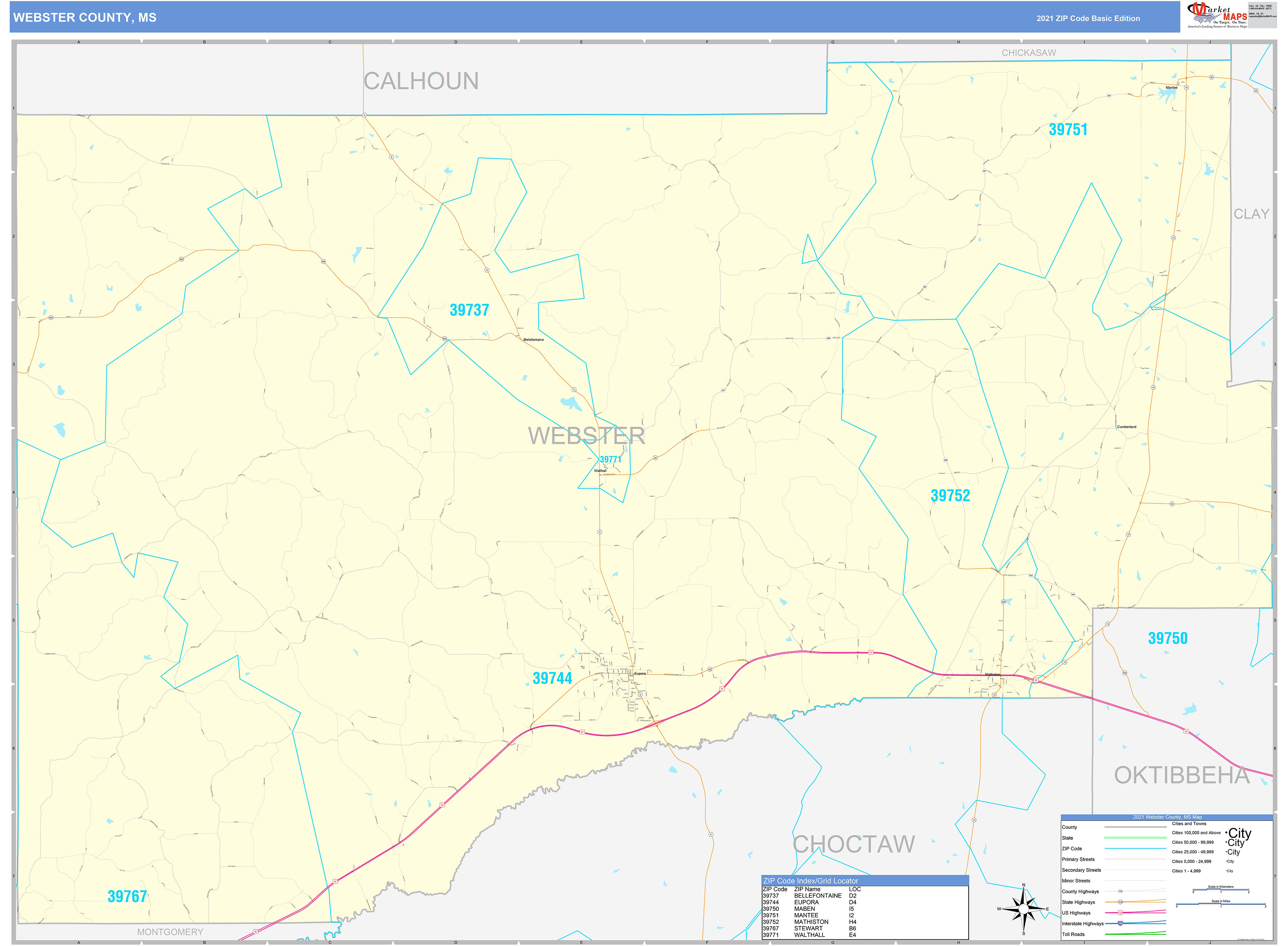 Webster County, MS Zip Code Wall Map Basic Style by MarketMAPS