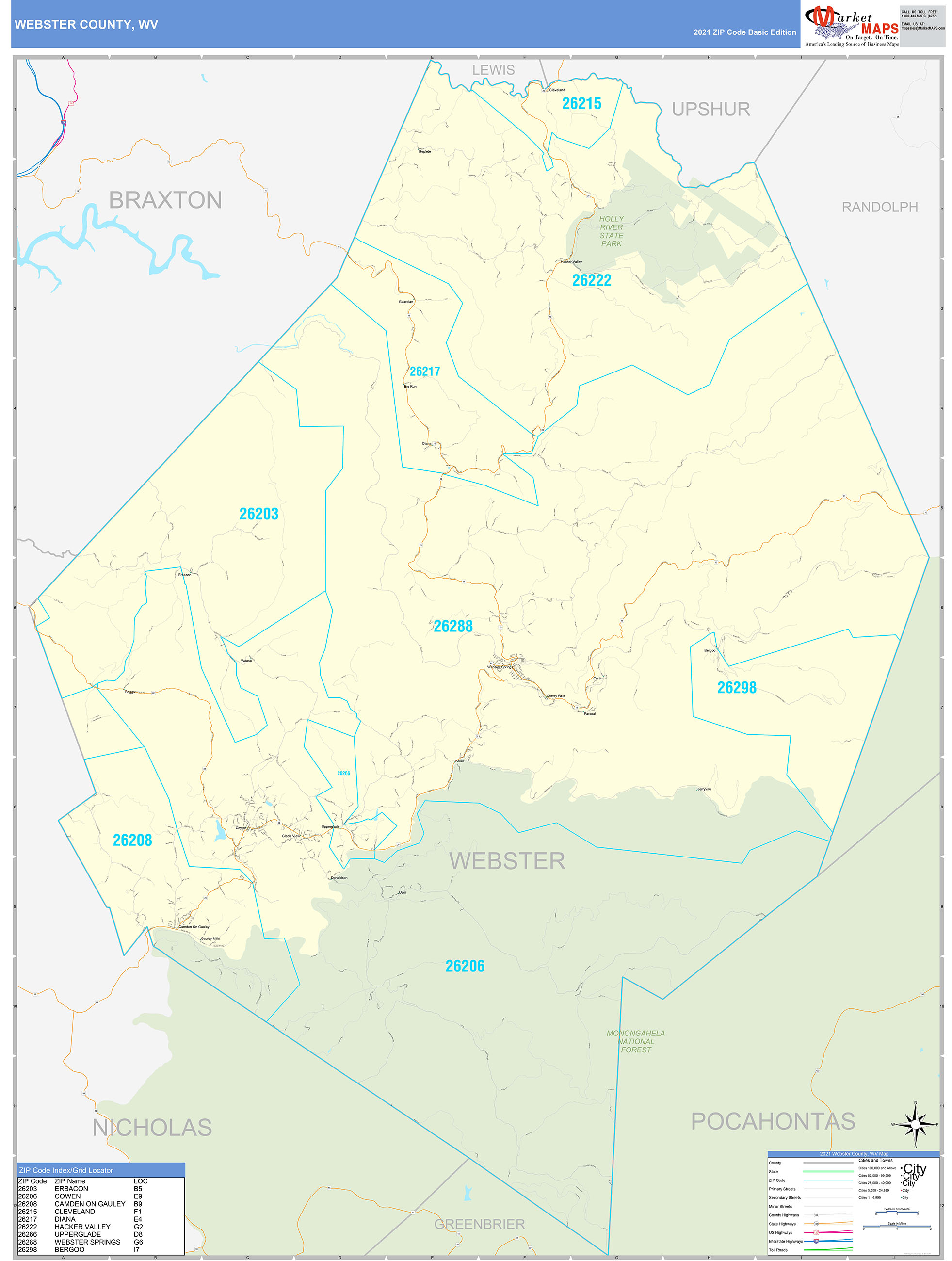 Webster County, WV Zip Code Wall Map Basic Style by MarketMAPS - MapSales