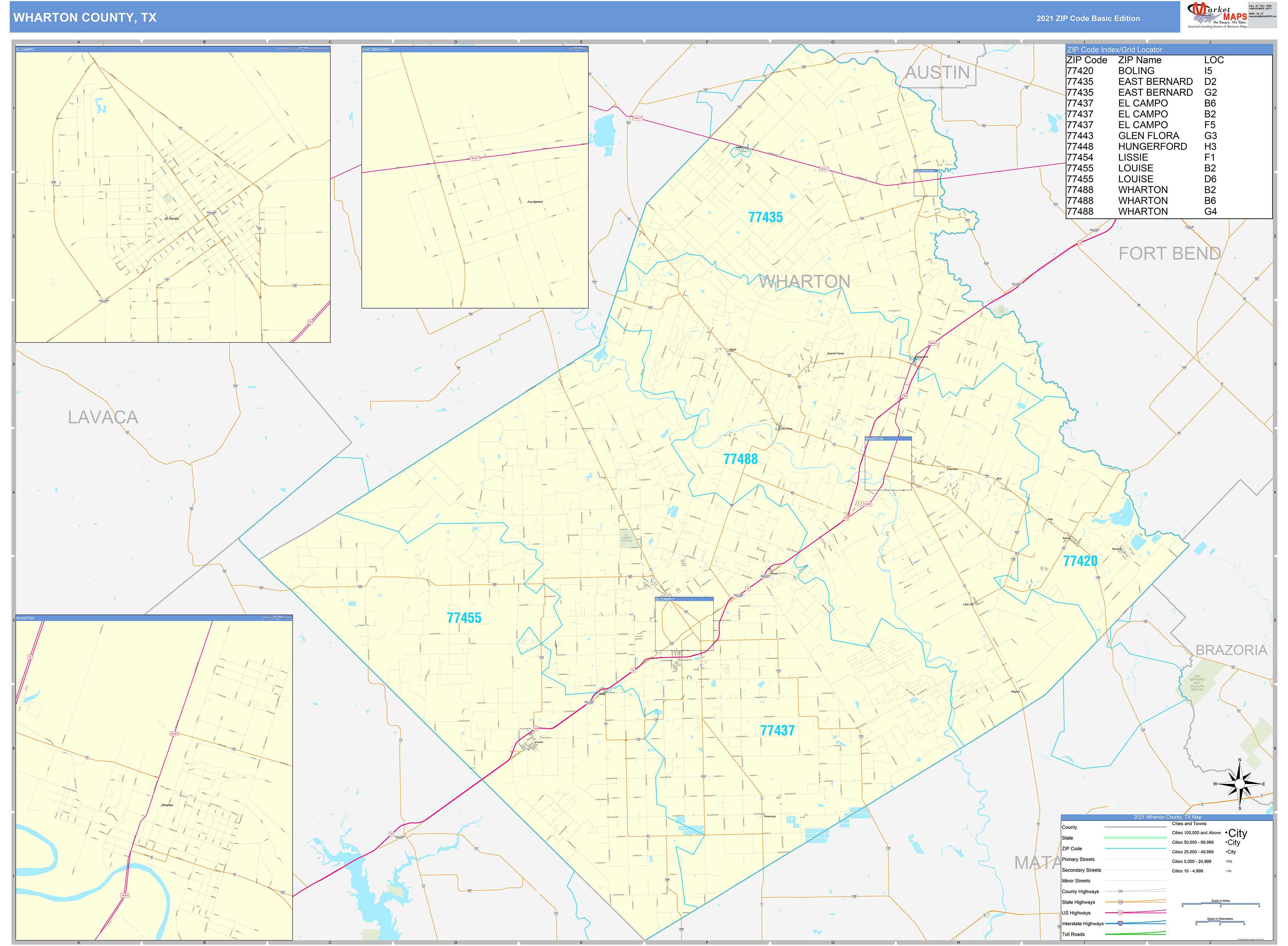 Wharton County, TX Zip Code Wall Map Basic Style by MarketMAPS - MapSales