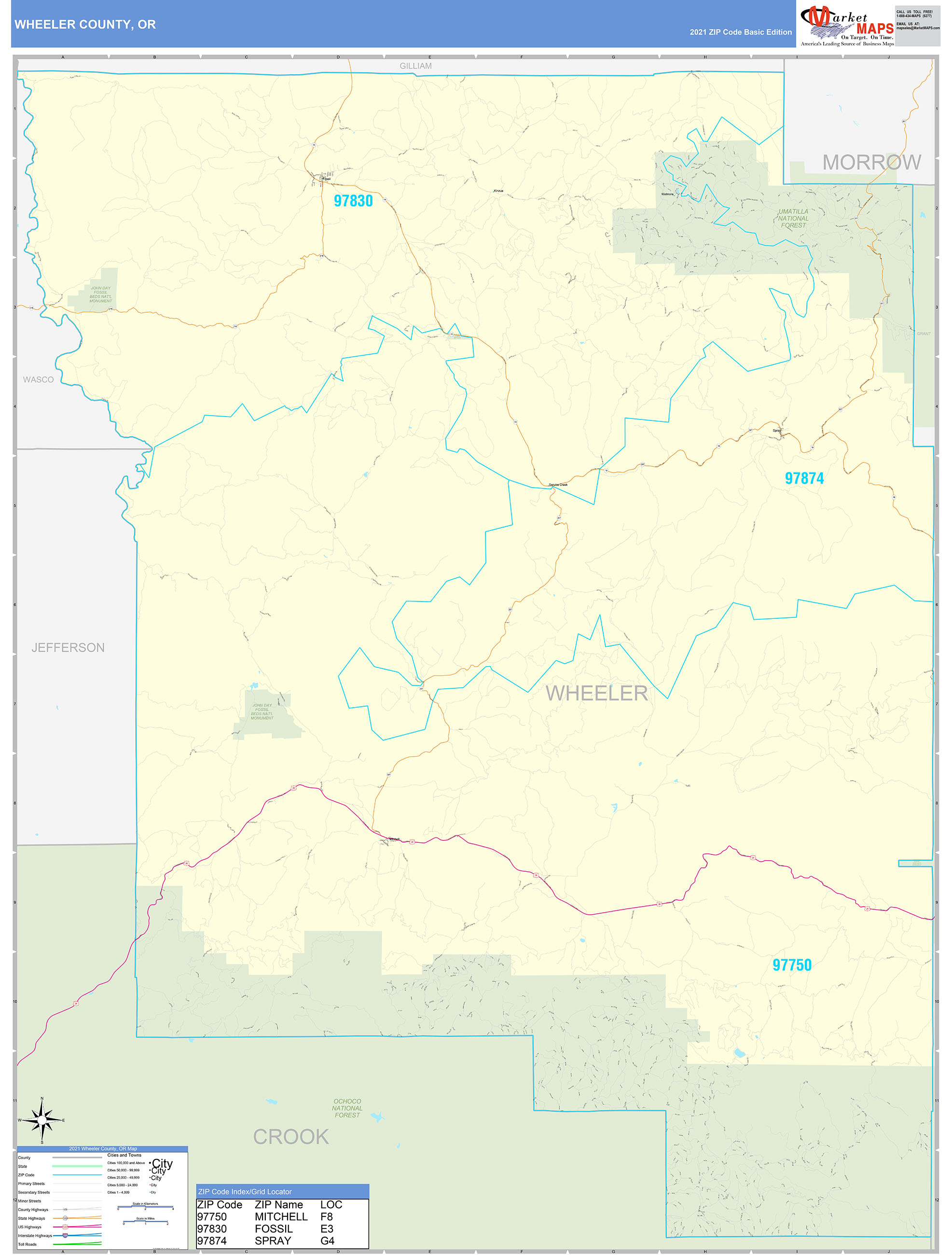 Wheeler County, OR Zip Code Wall Map Basic Style by MarketMAPS MapSales