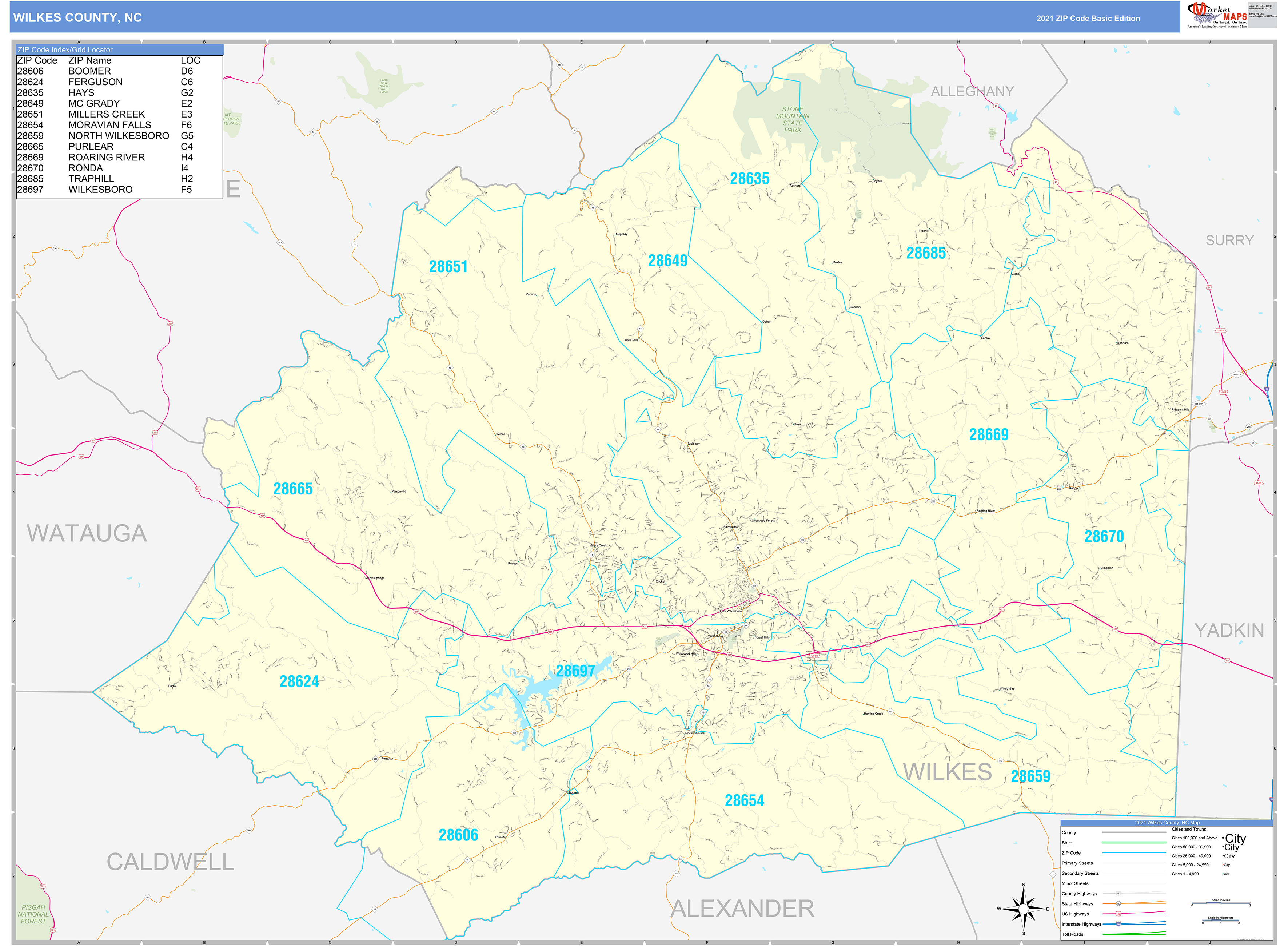 Wilkes County, NC Zip Code Wall Map Basic Style by MarketMAPS - MapSales