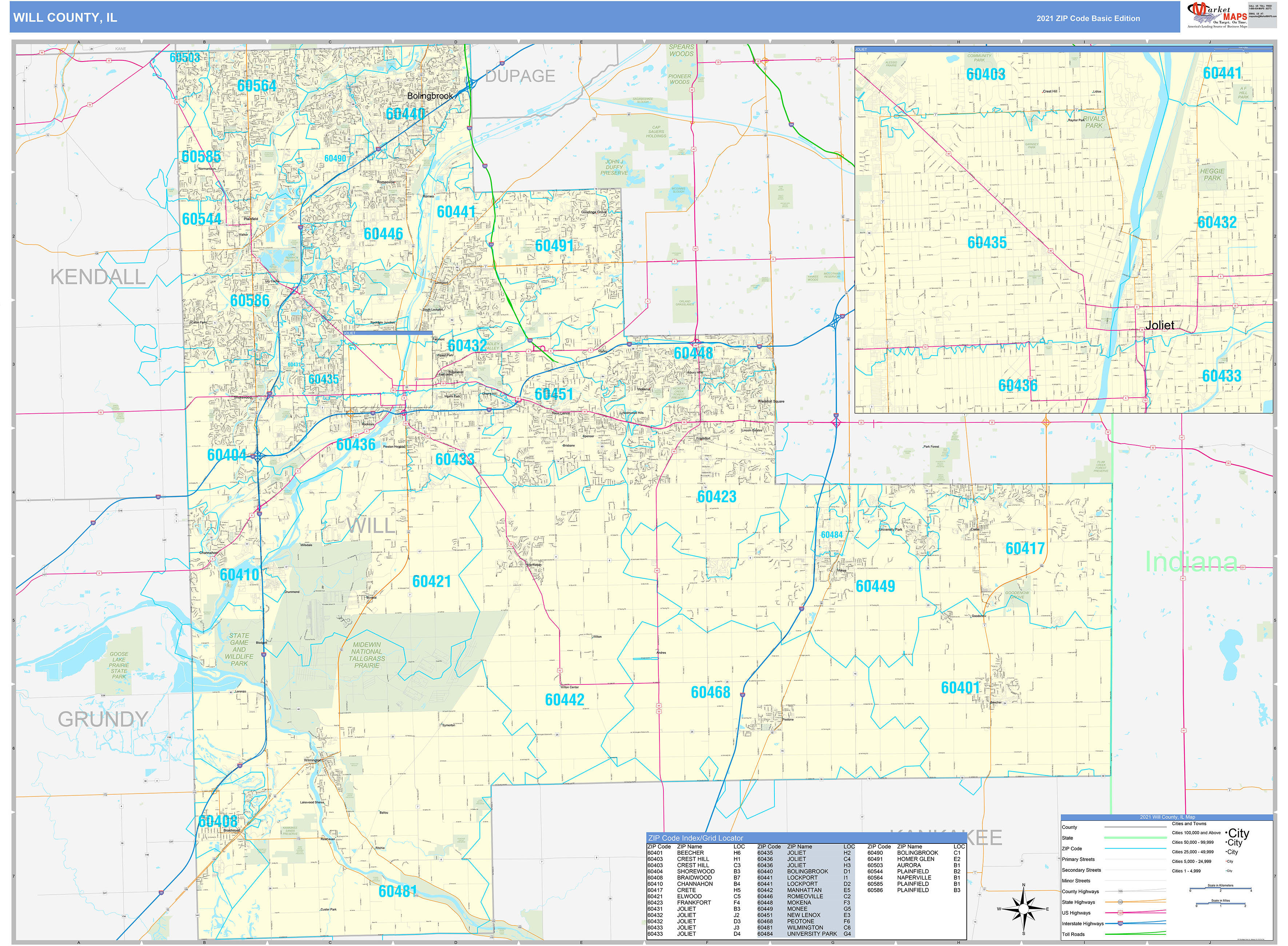 Will County Il Zip Code Wall Map Basic Style By Marketmaps Mapsales