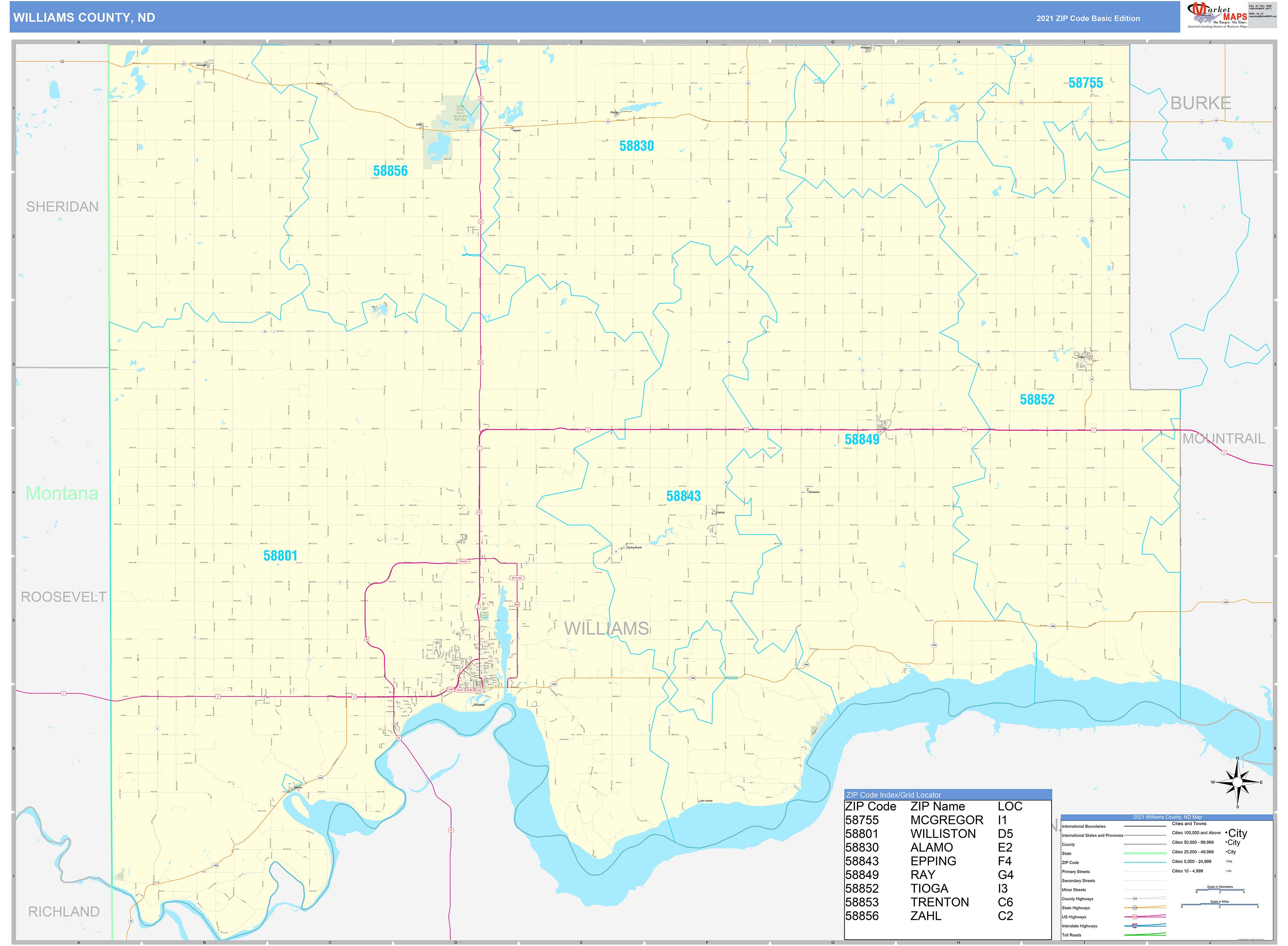 Williams County, ND Zip Code Wall Map Basic Style by MarketMAPS