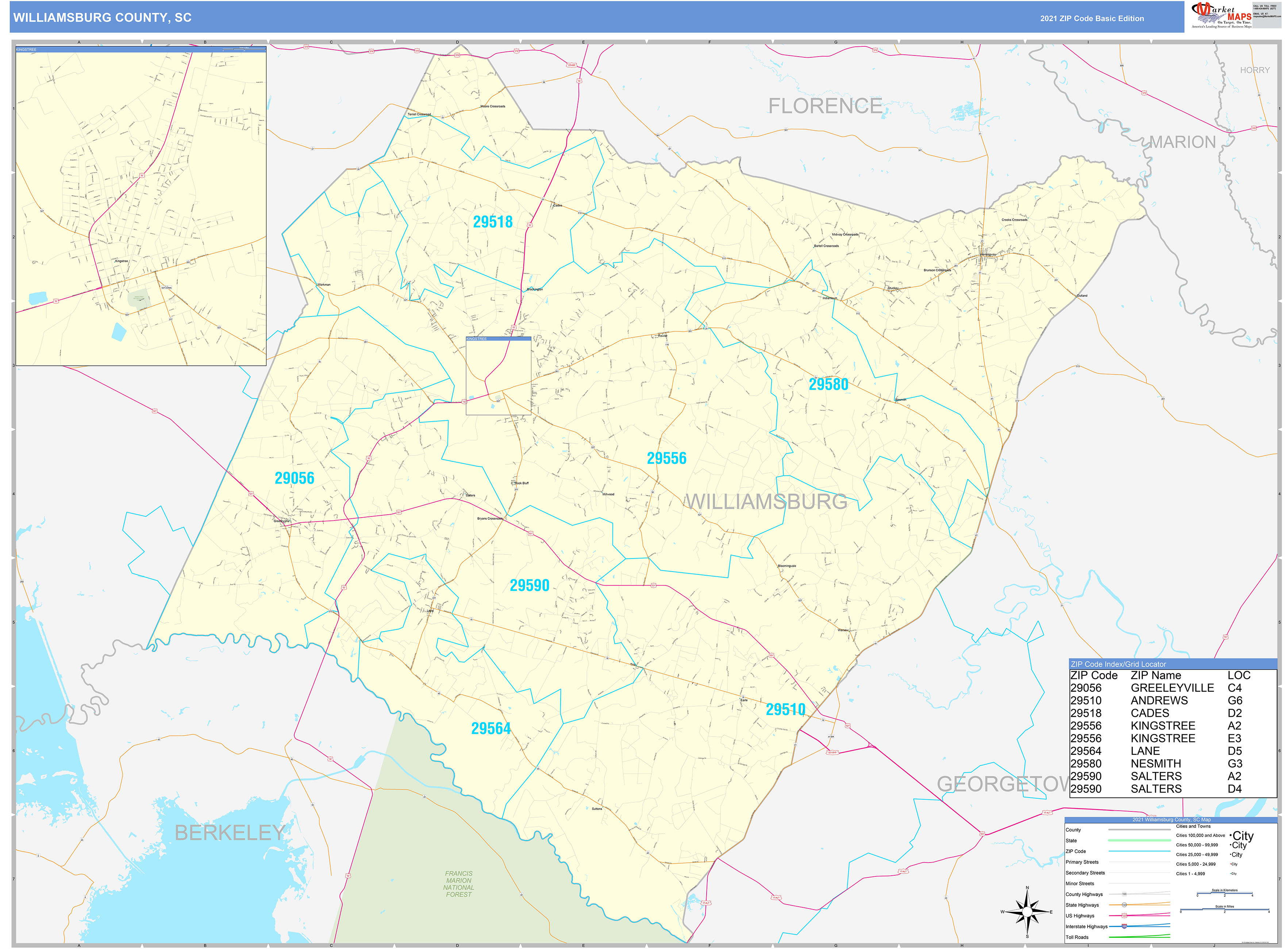 Williamsburg County, SC Zip Code Wall Map Basic Style by MarketMAPS