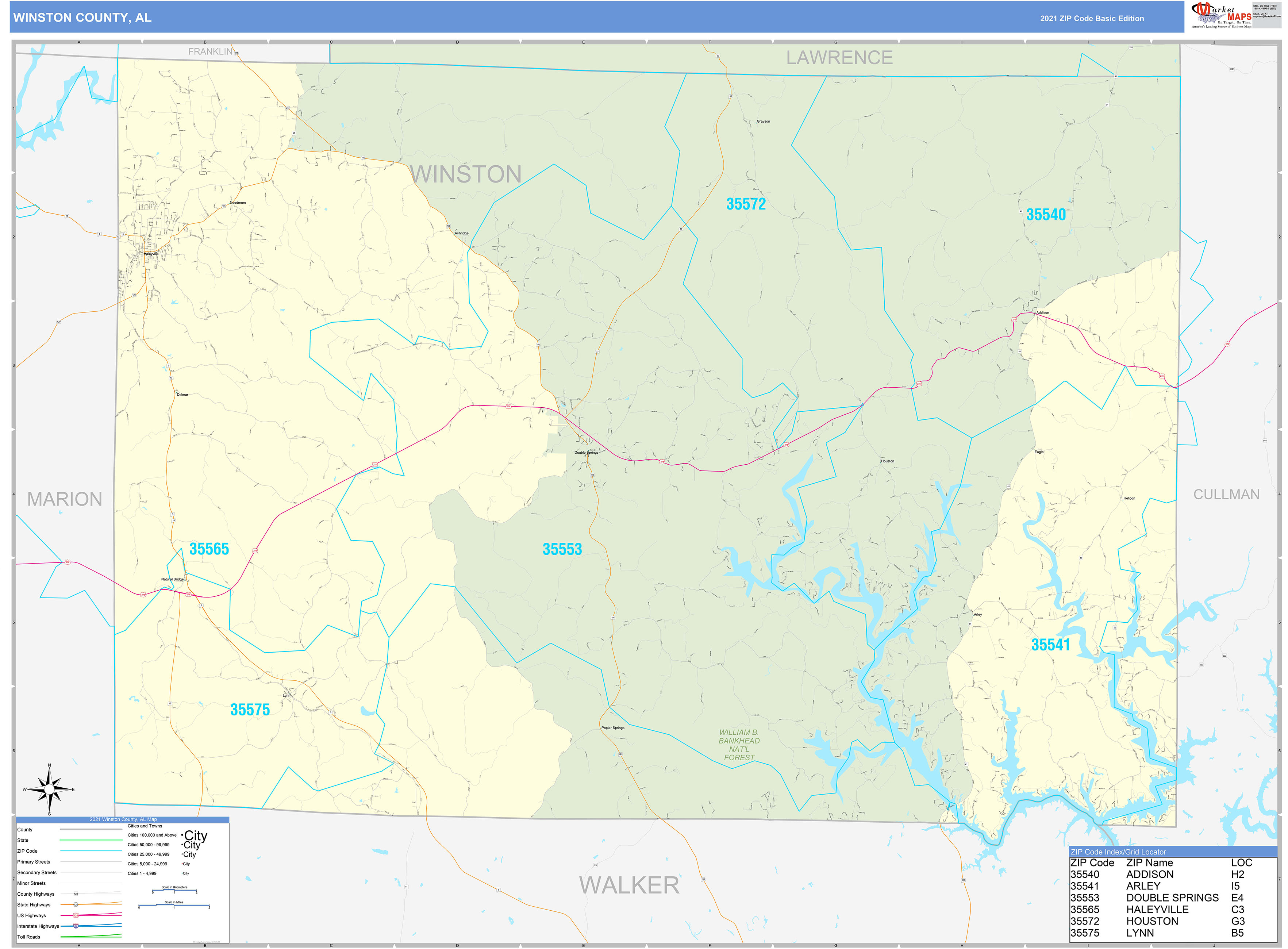 Winston County, AL Zip Code Wall Map Basic Style by MarketMAPS MapSales