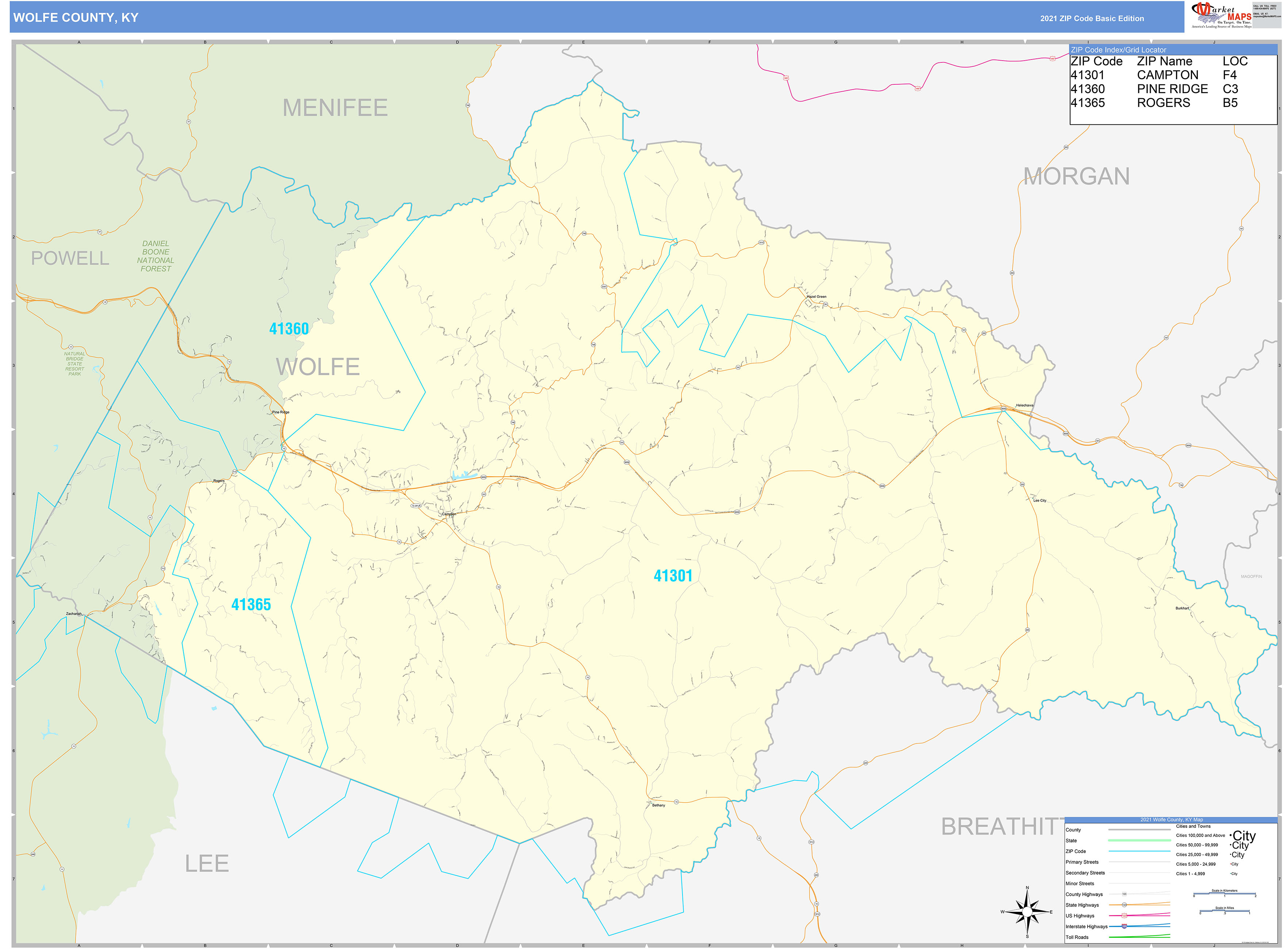 Wolfe County, KY Zip Code Wall Map Basic Style by MarketMAPS - MapSales.com