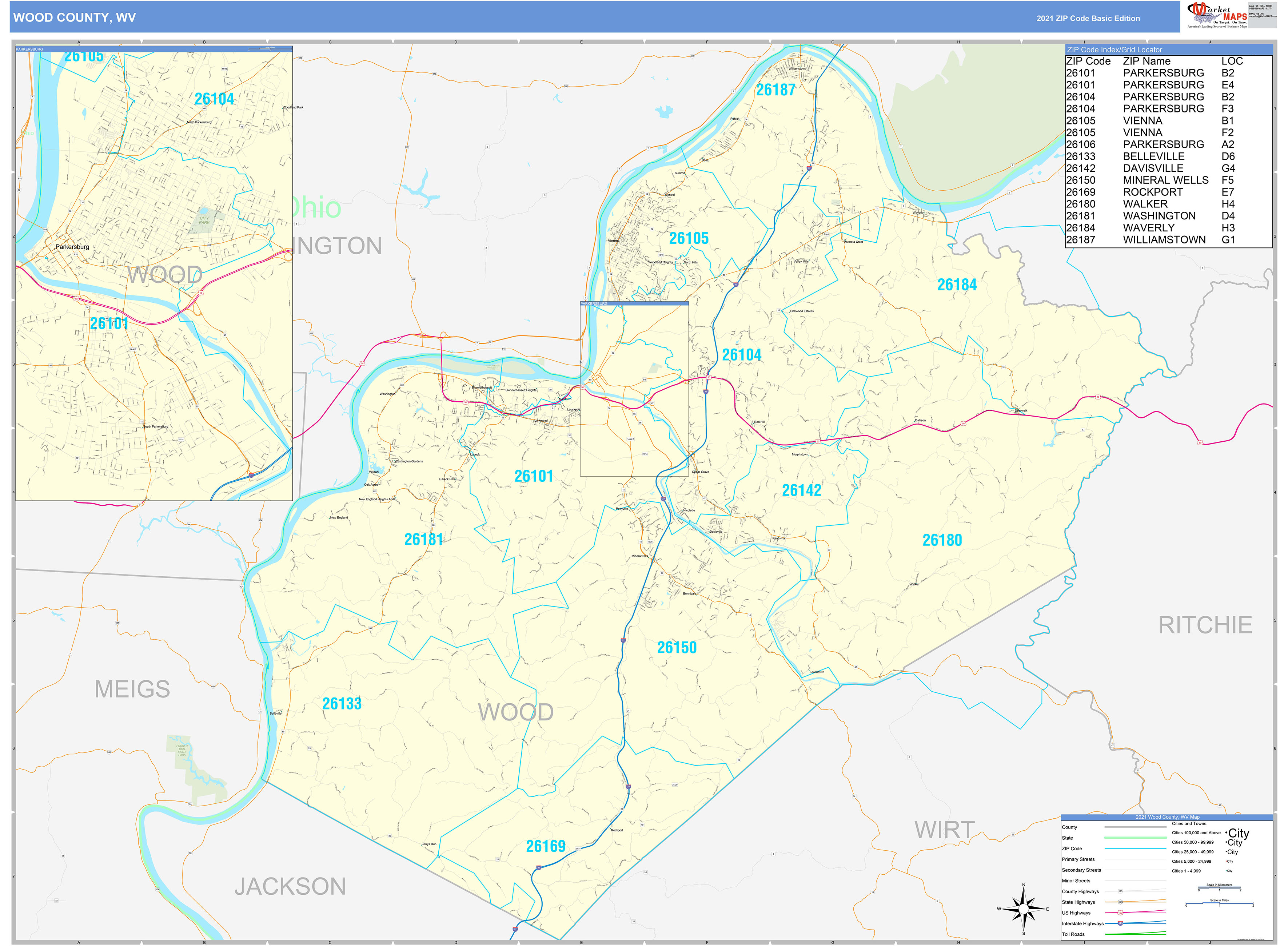 Wood County, WV Zip Code Wall Map Basic Style by MarketMAPS