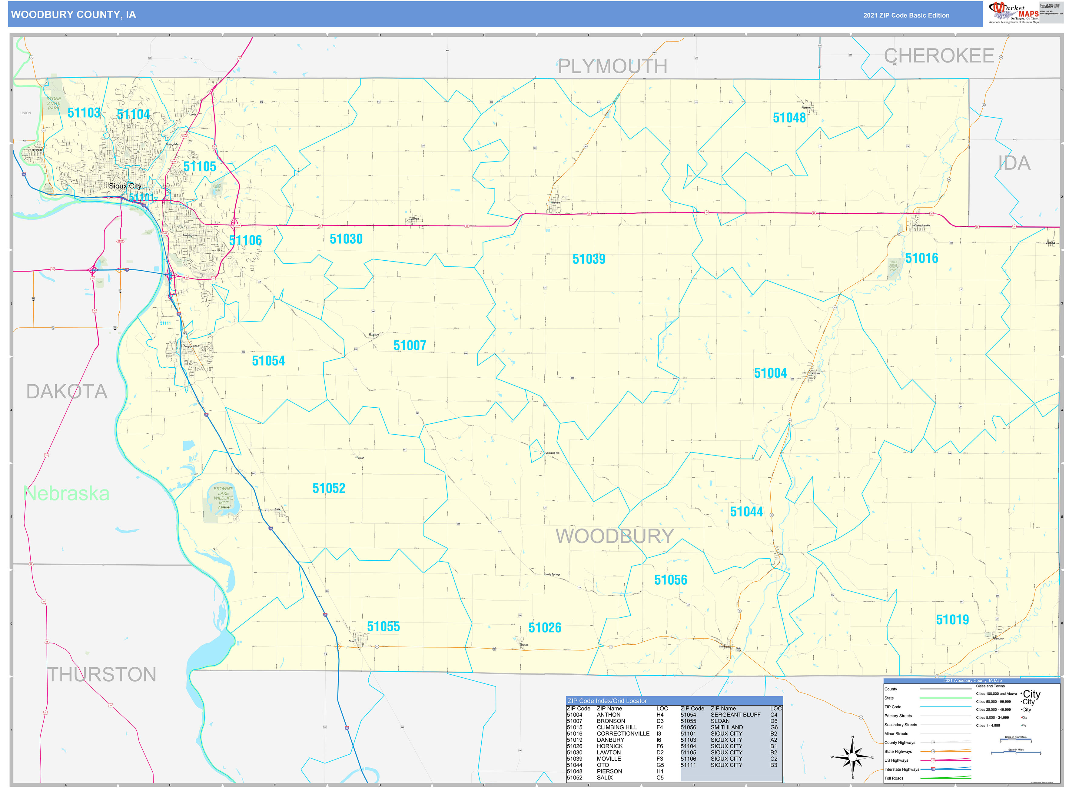 Woodbury County, IA Zip Code Wall Map Basic Style By MarketMAPS - MapSales