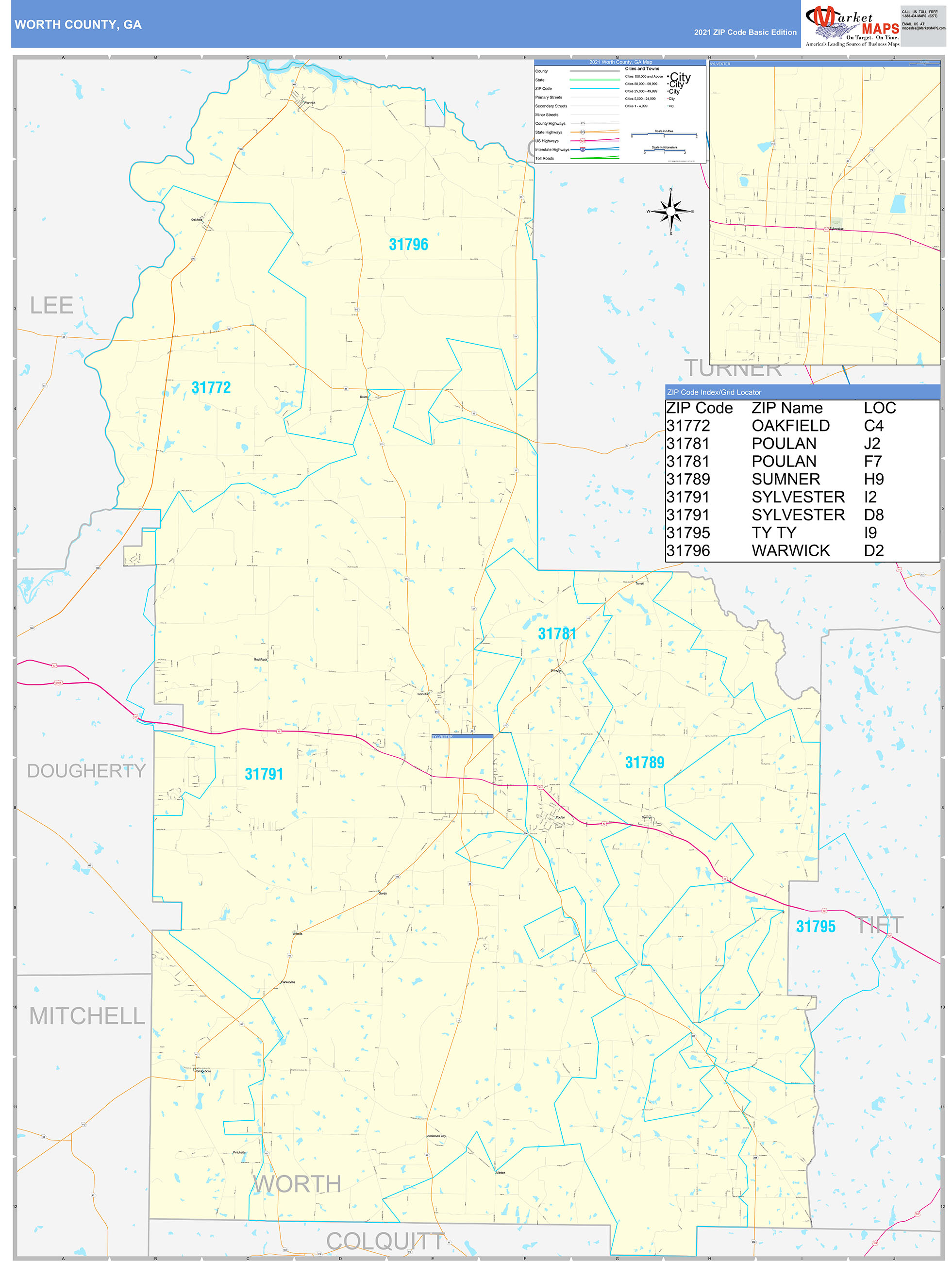 Worth County, GA Zip Code Wall Map Basic Style by MarketMAPS - MapSales