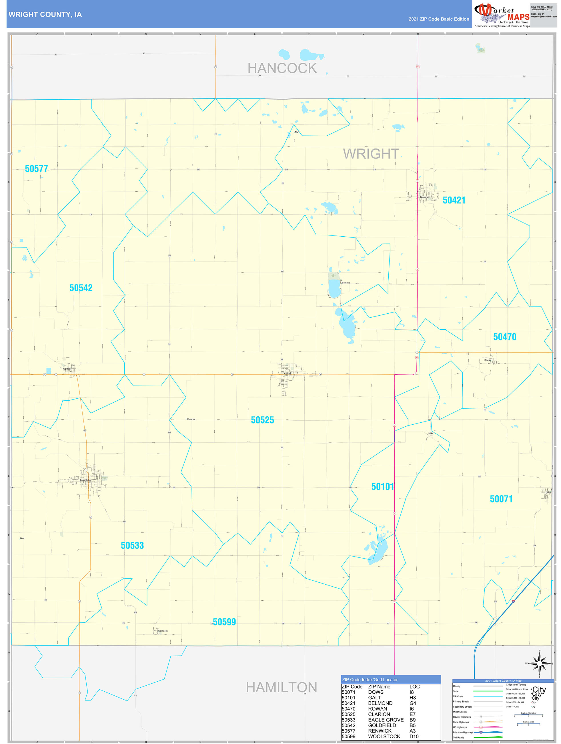 Wright County, IA Zip Code Wall Map Basic Style by MarketMAPS