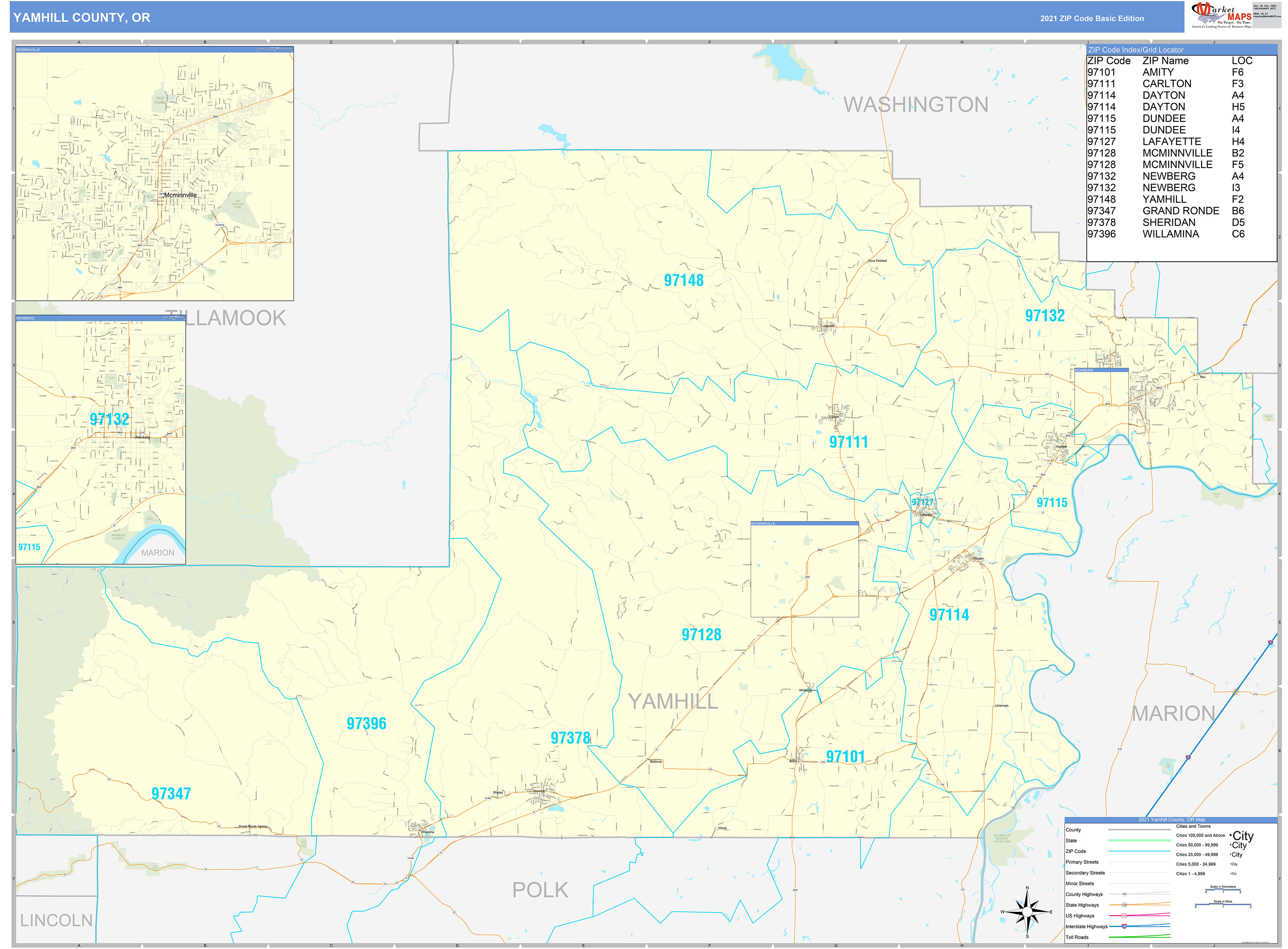 Yamhill County, OR Zip Code Wall Map Basic Style by MarketMAPS MapSales