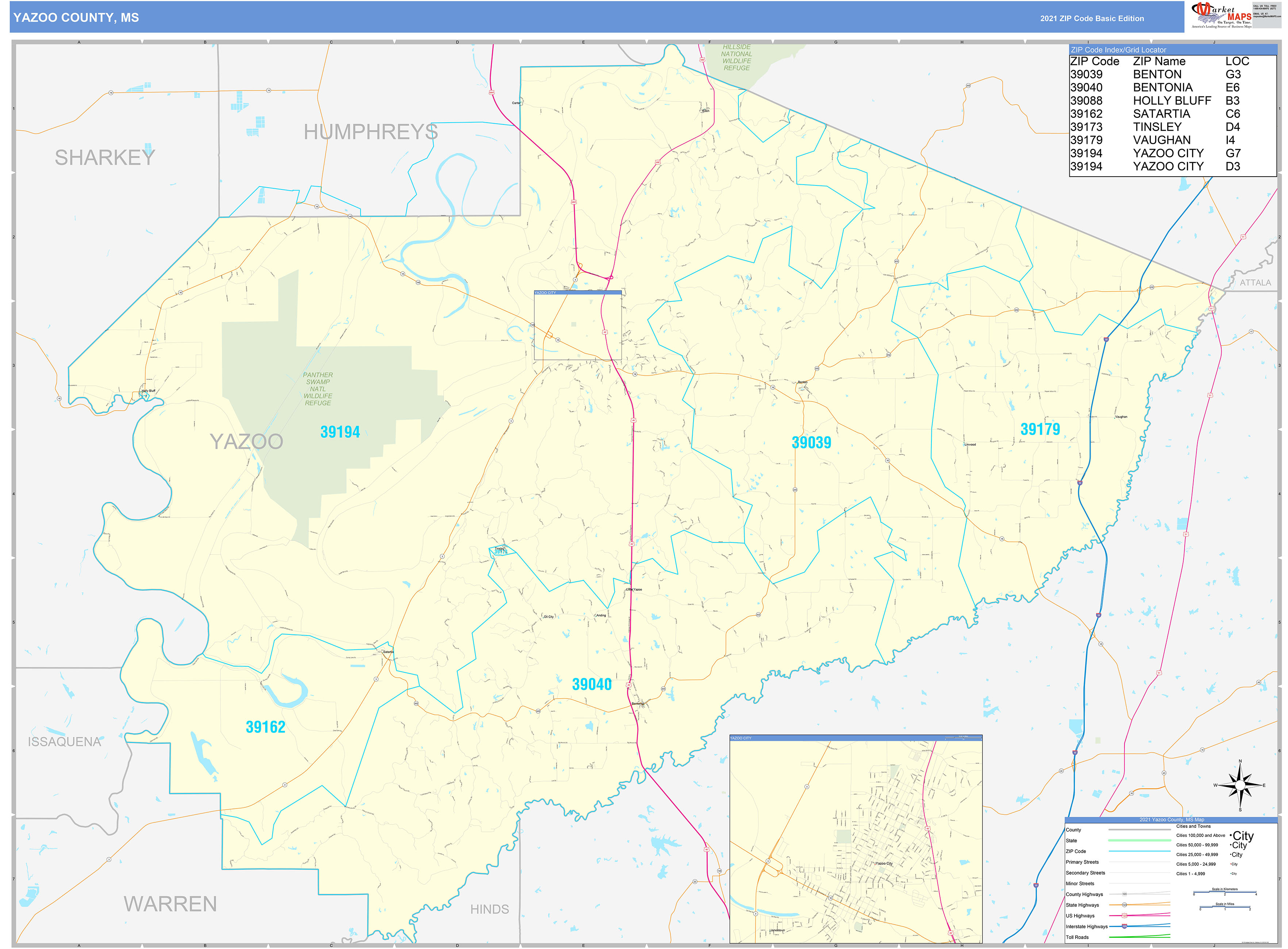 Yazoo County, MS Zip Code Wall Map Basic Style by MarketMAPS - MapSales